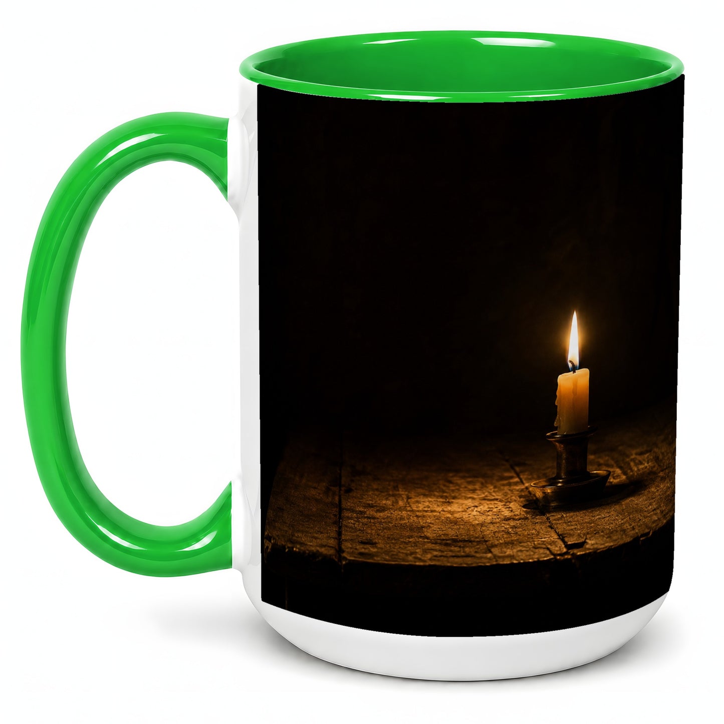 #pl[15oz|Green] Candlelight Ceramic Mug, Dark Cozy Night Still Life Art