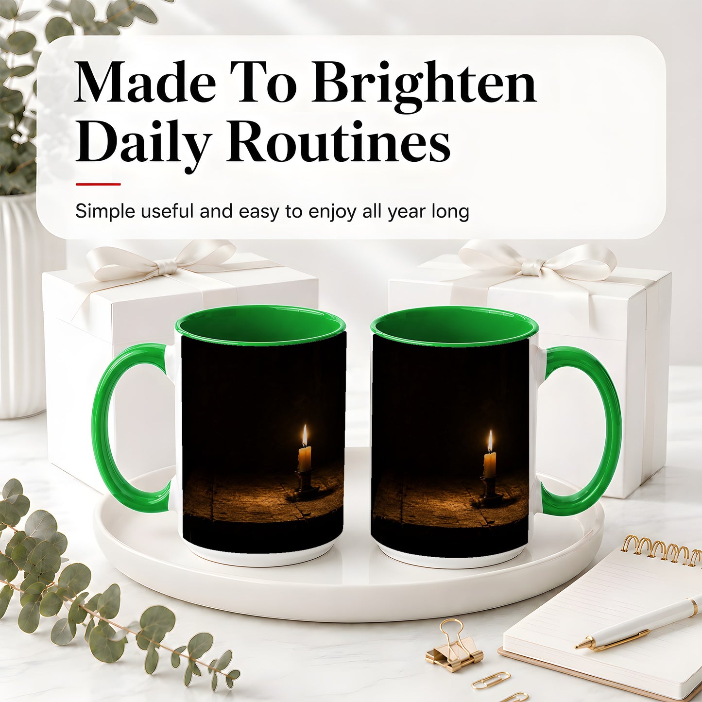 #pl[15oz|Green] Candlelight Ceramic Mug, Dark Cozy Night Still Life Art