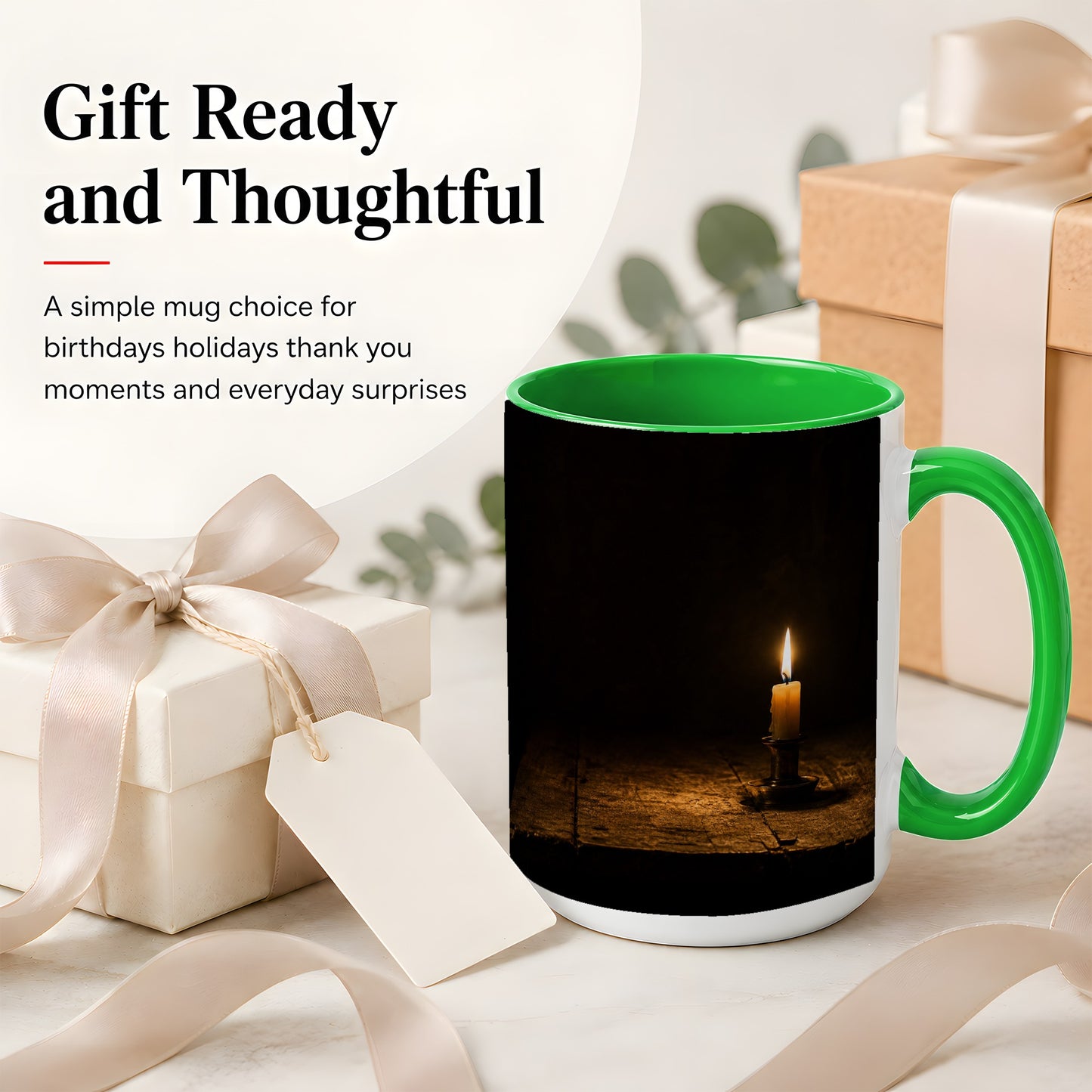 #pl[15oz|Green] Candlelight Ceramic Mug, Dark Cozy Night Still Life Art