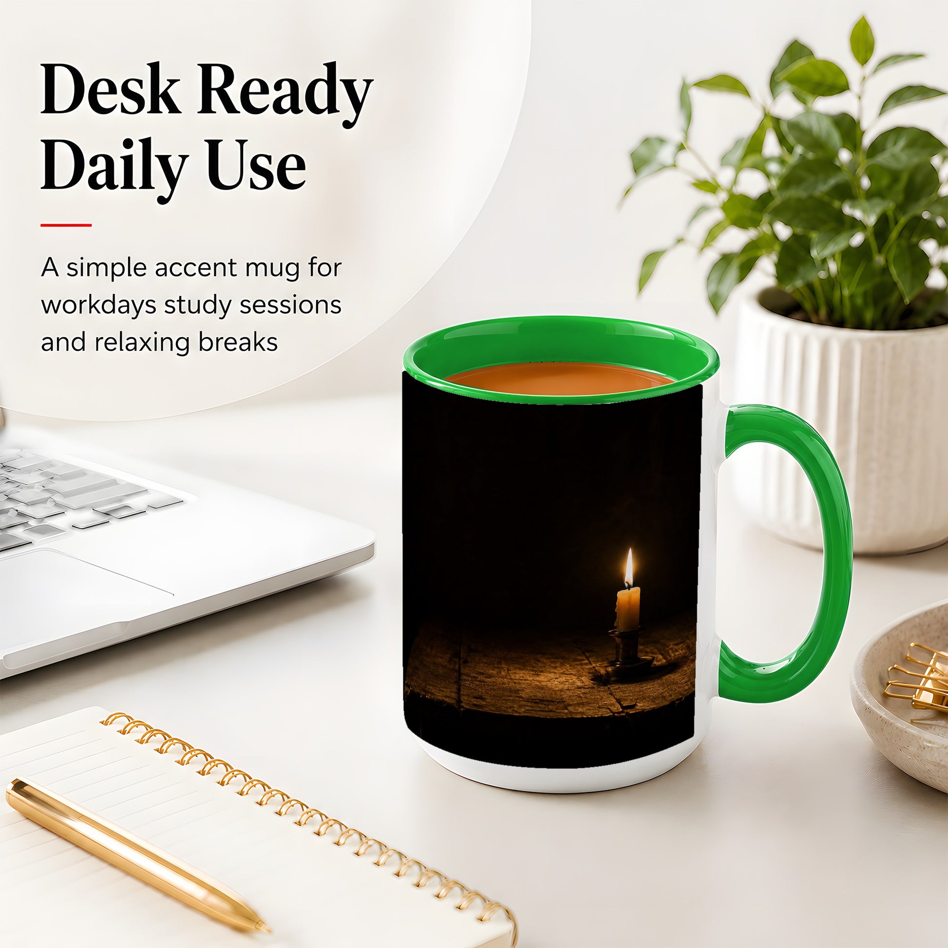 #pl[15oz|Green] Candlelight Ceramic Mug, Dark Cozy Night Still Life Art