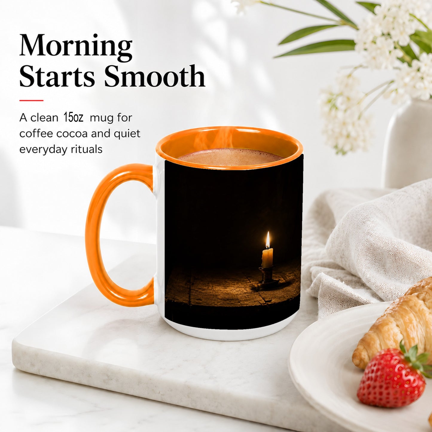 #pl[15oz|Orange] Candlelight Ceramic Mug, Dark Cozy Night Still Life Art