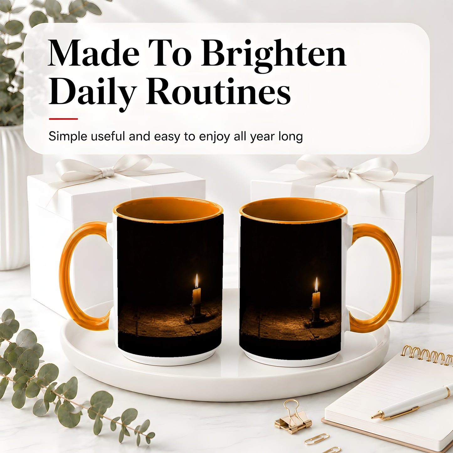 #pl[15oz|Orange] Candlelight Ceramic Mug, Dark Cozy Night Still Life Art