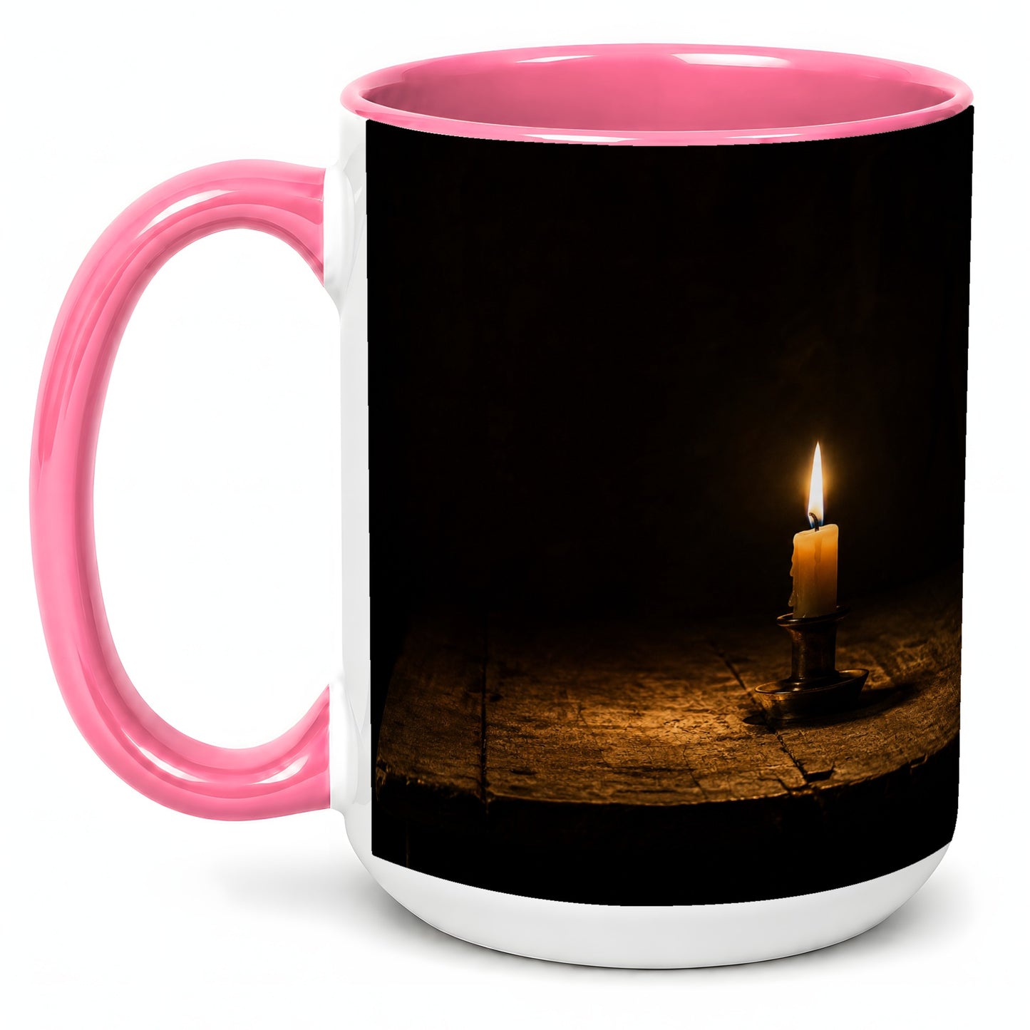#pl[15oz|Pink] Candlelight Ceramic Mug, Dark Cozy Night Still Life Art