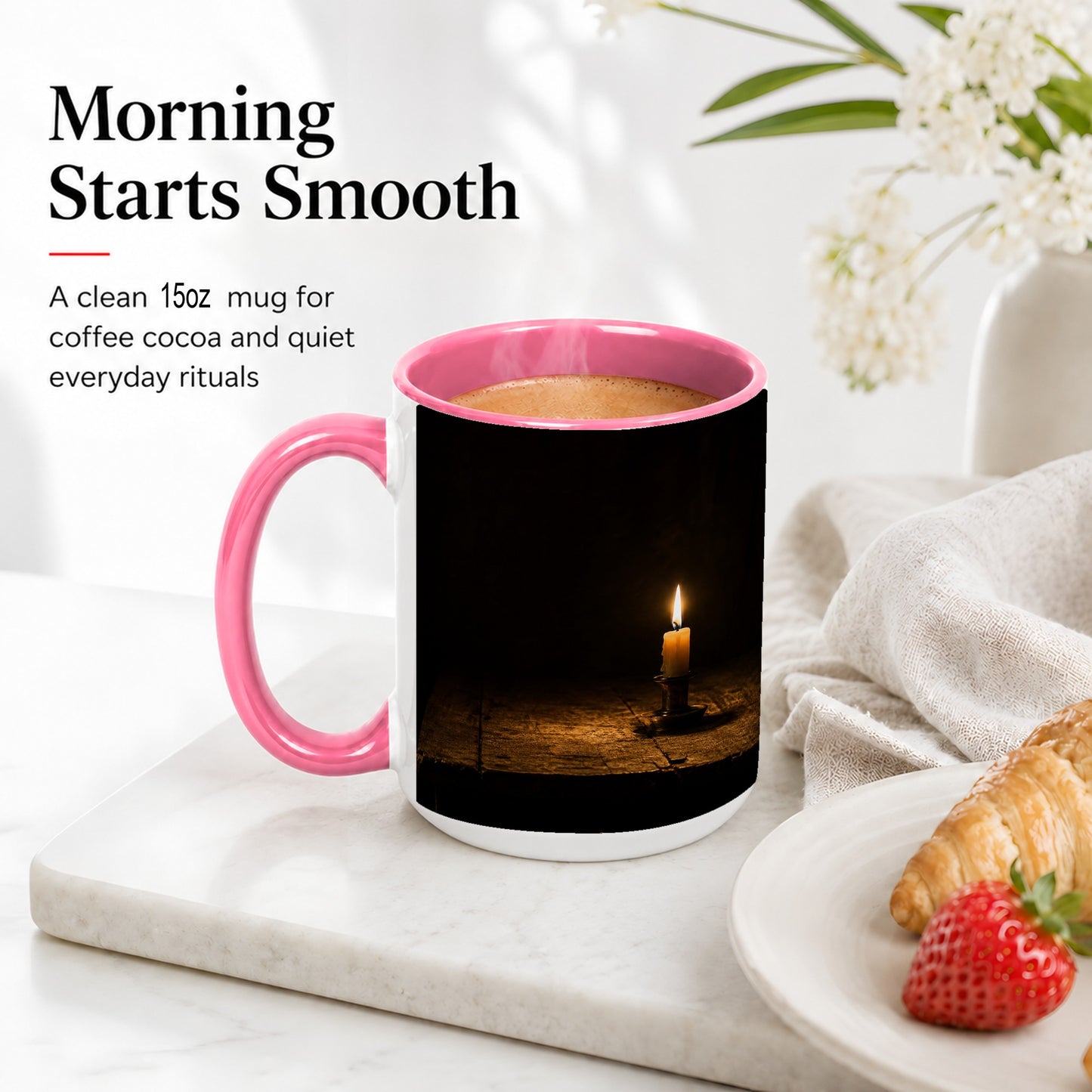 #pl[15oz|Pink] Candlelight Ceramic Mug, Dark Cozy Night Still Life Art