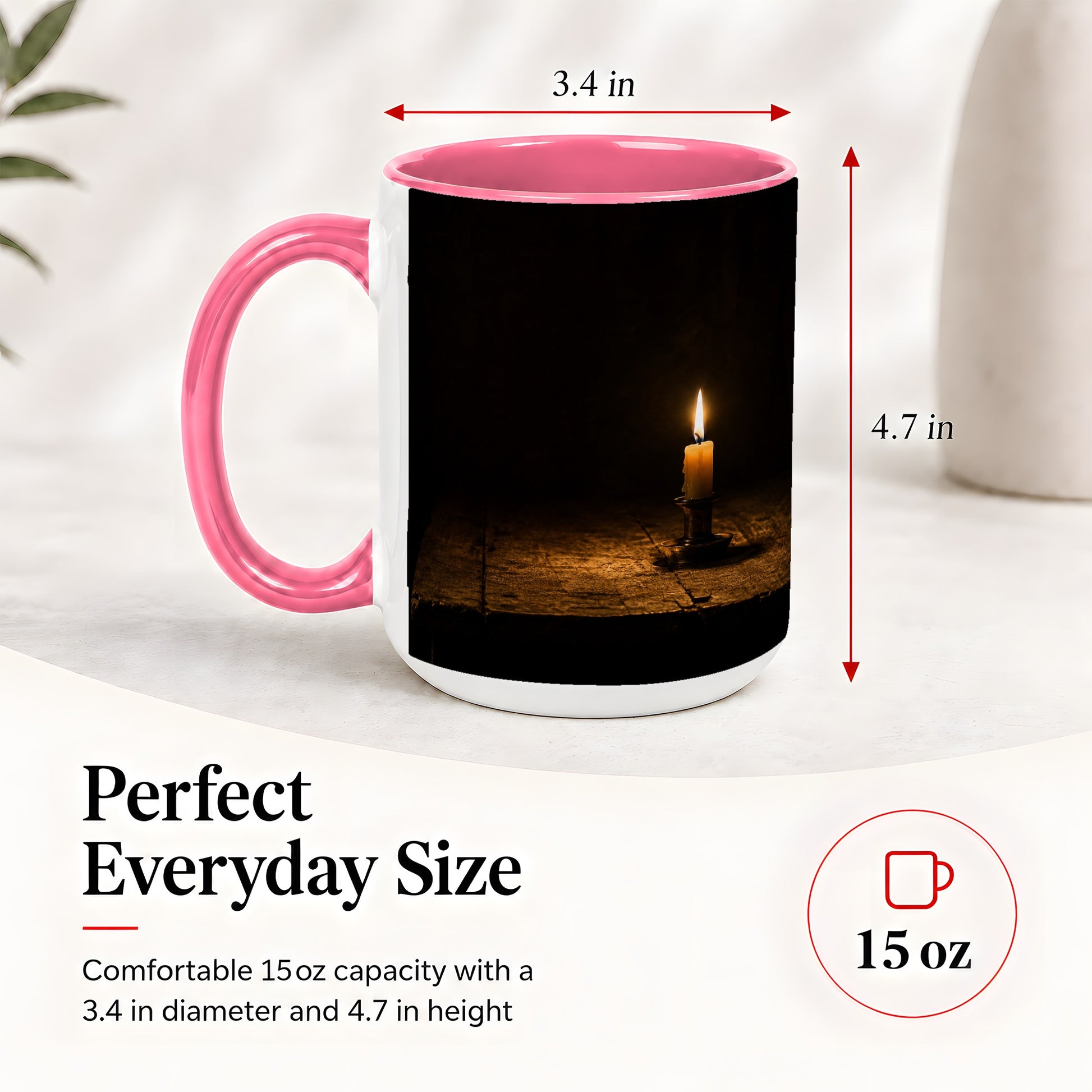 #pl[15oz|Pink] Candlelight Ceramic Mug, Dark Cozy Night Still Life Art