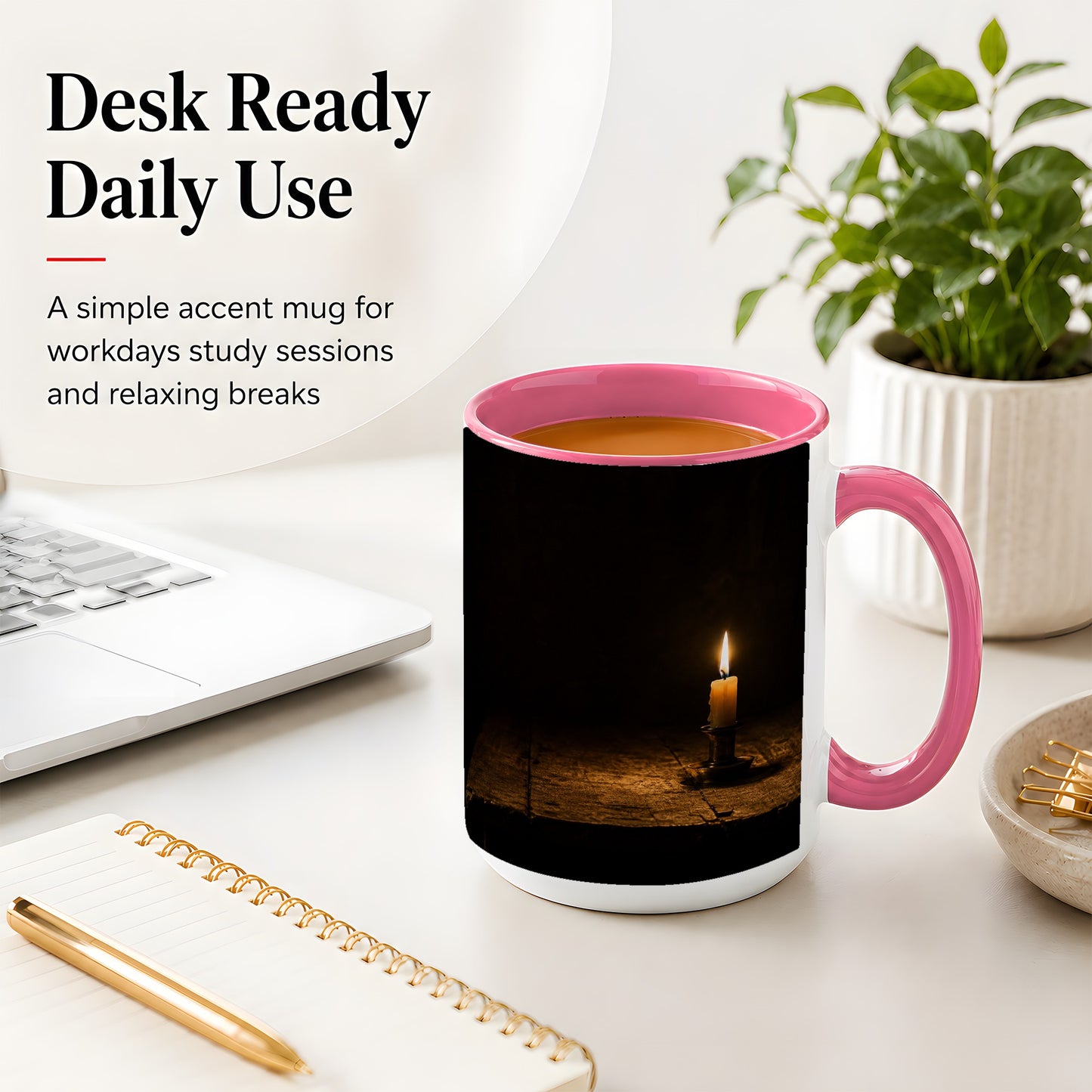 #pl[15oz|Pink] Candlelight Ceramic Mug, Dark Cozy Night Still Life Art