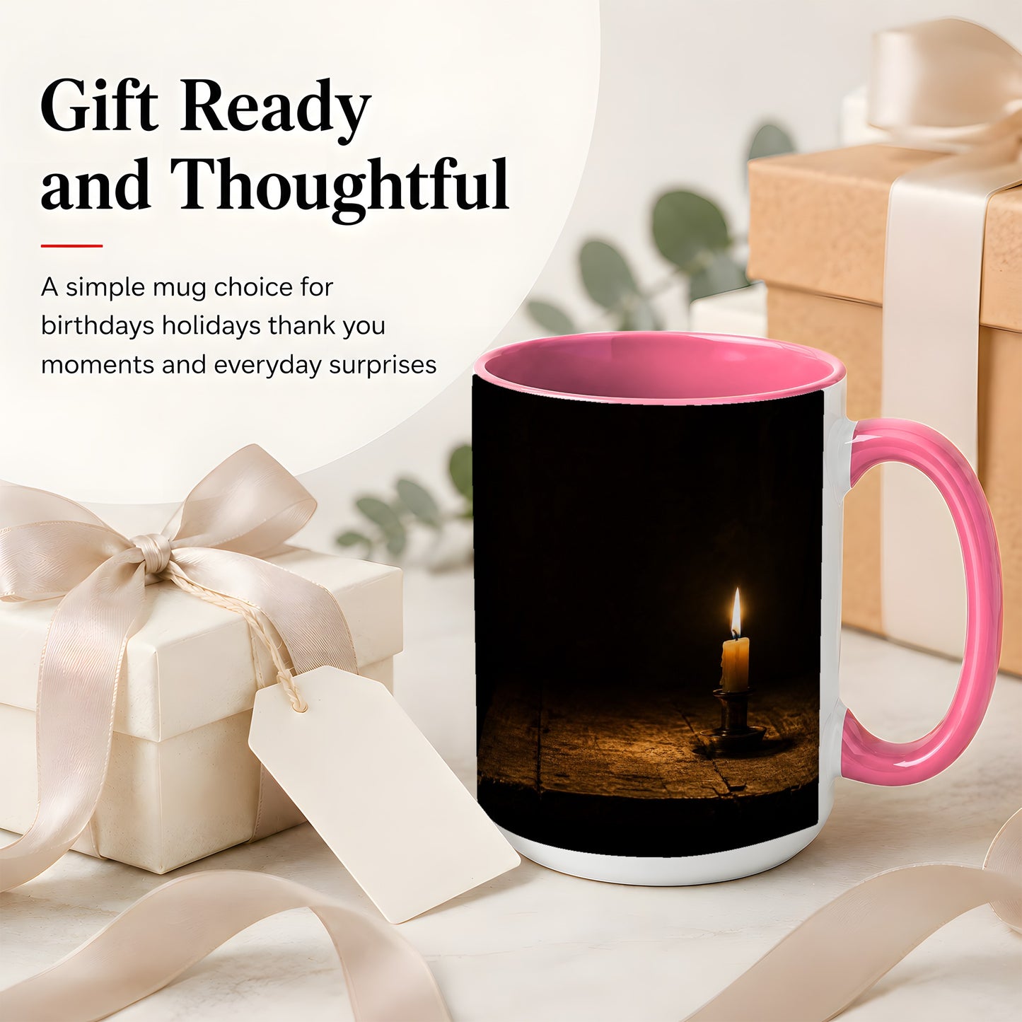 #pl[15oz|Pink] Candlelight Ceramic Mug, Dark Cozy Night Still Life Art