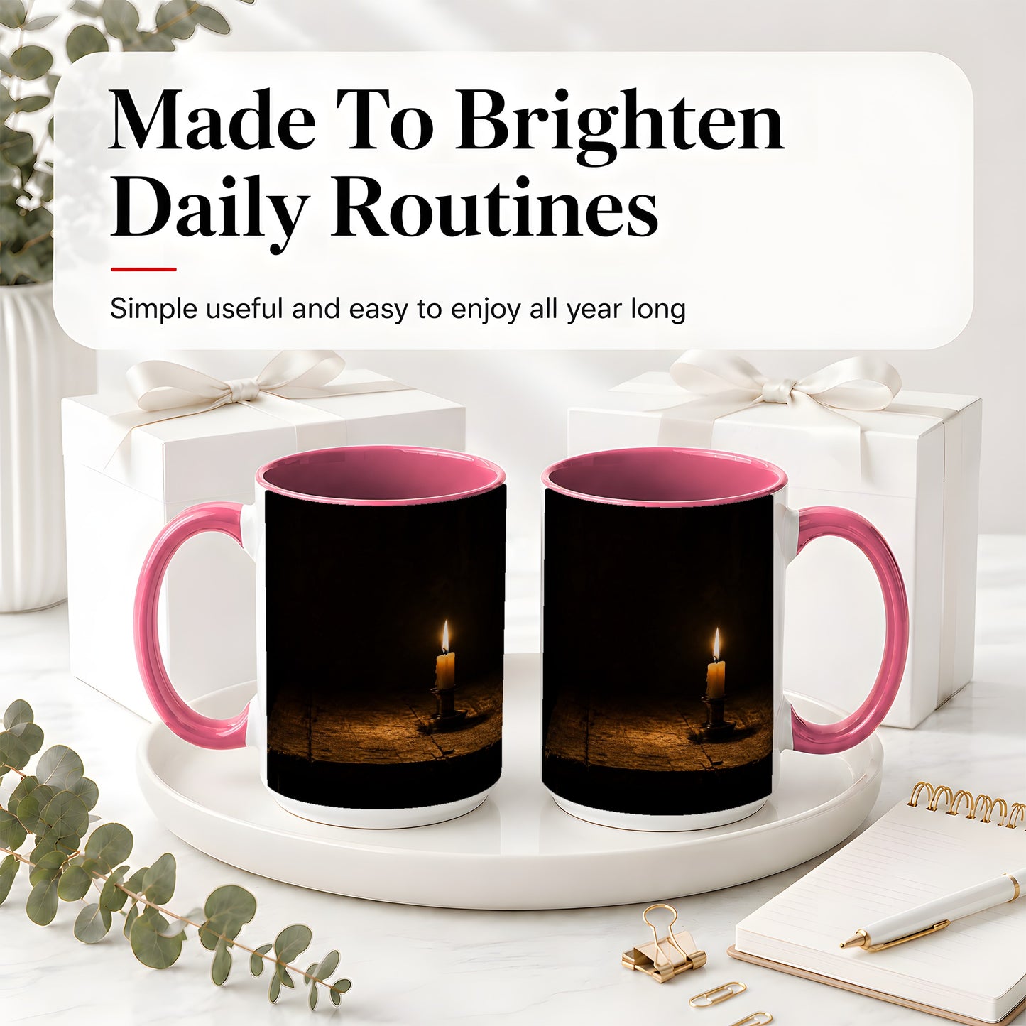 #pl[15oz|Pink] Candlelight Ceramic Mug, Dark Cozy Night Still Life Art