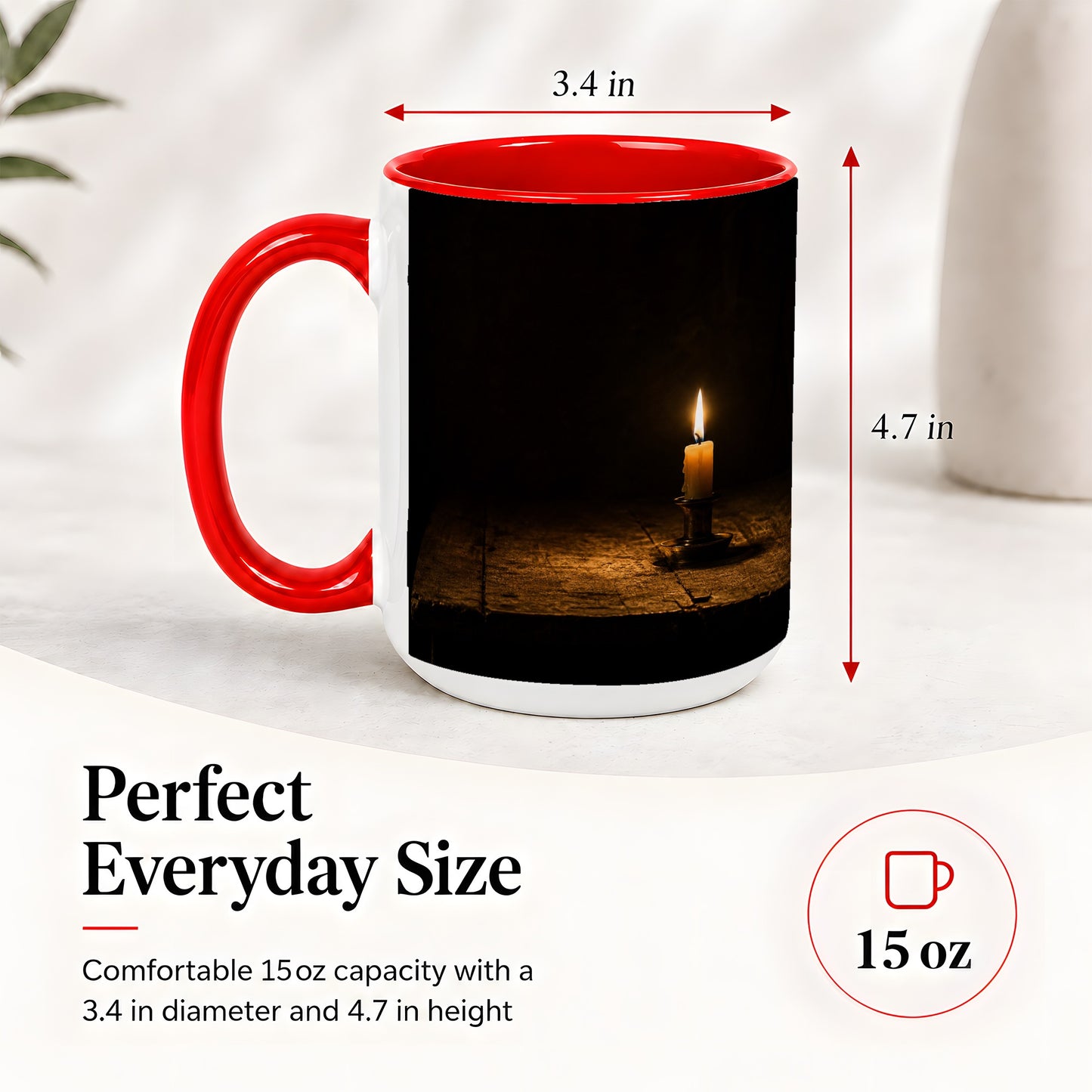 #pl[15oz|Red] Candlelight Ceramic Mug, Dark Cozy Night Still Life Art