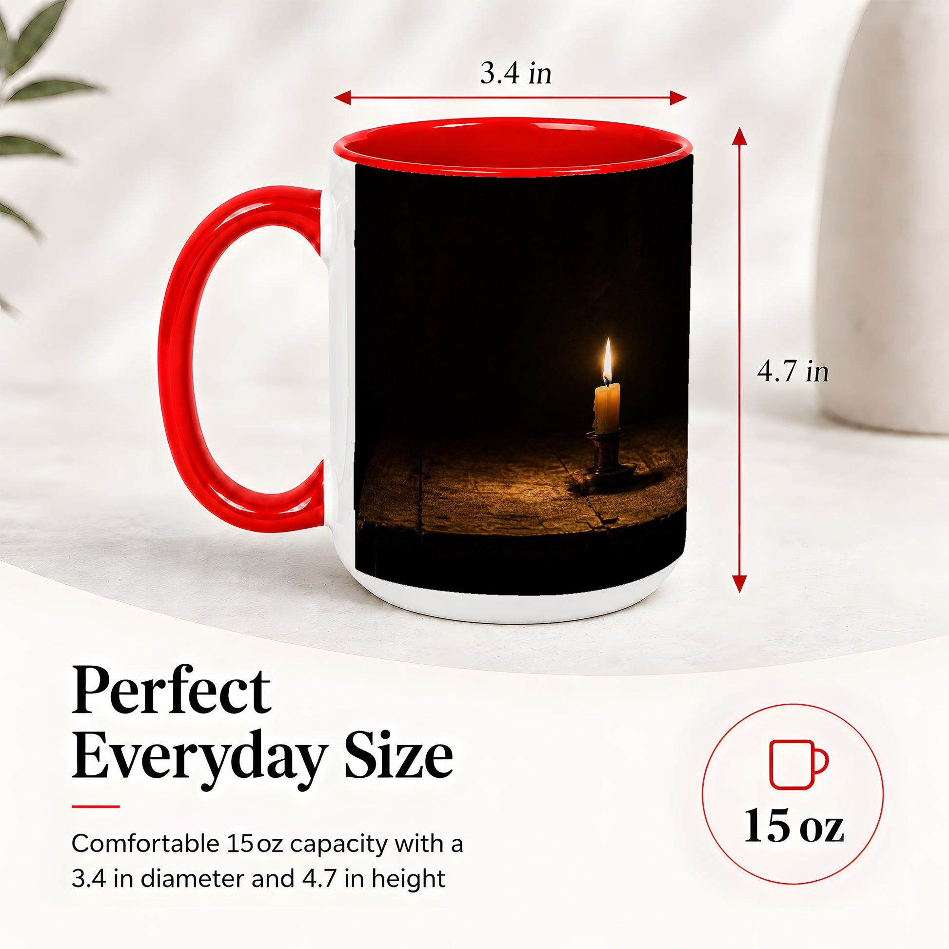 #pl[15oz|Red] Candlelight Ceramic Mug, Dark Cozy Night Still Life Art