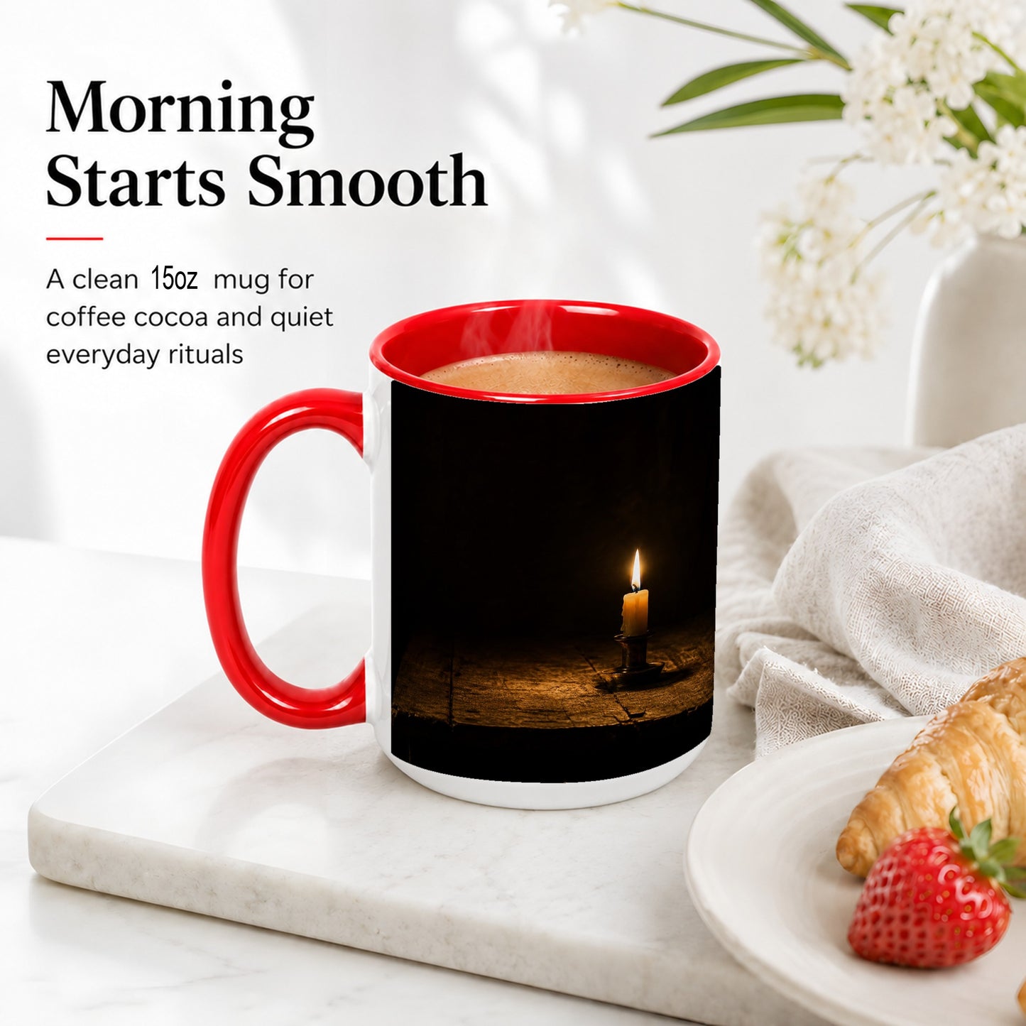 #pl[15oz|Red] Candlelight Ceramic Mug, Dark Cozy Night Still Life Art
