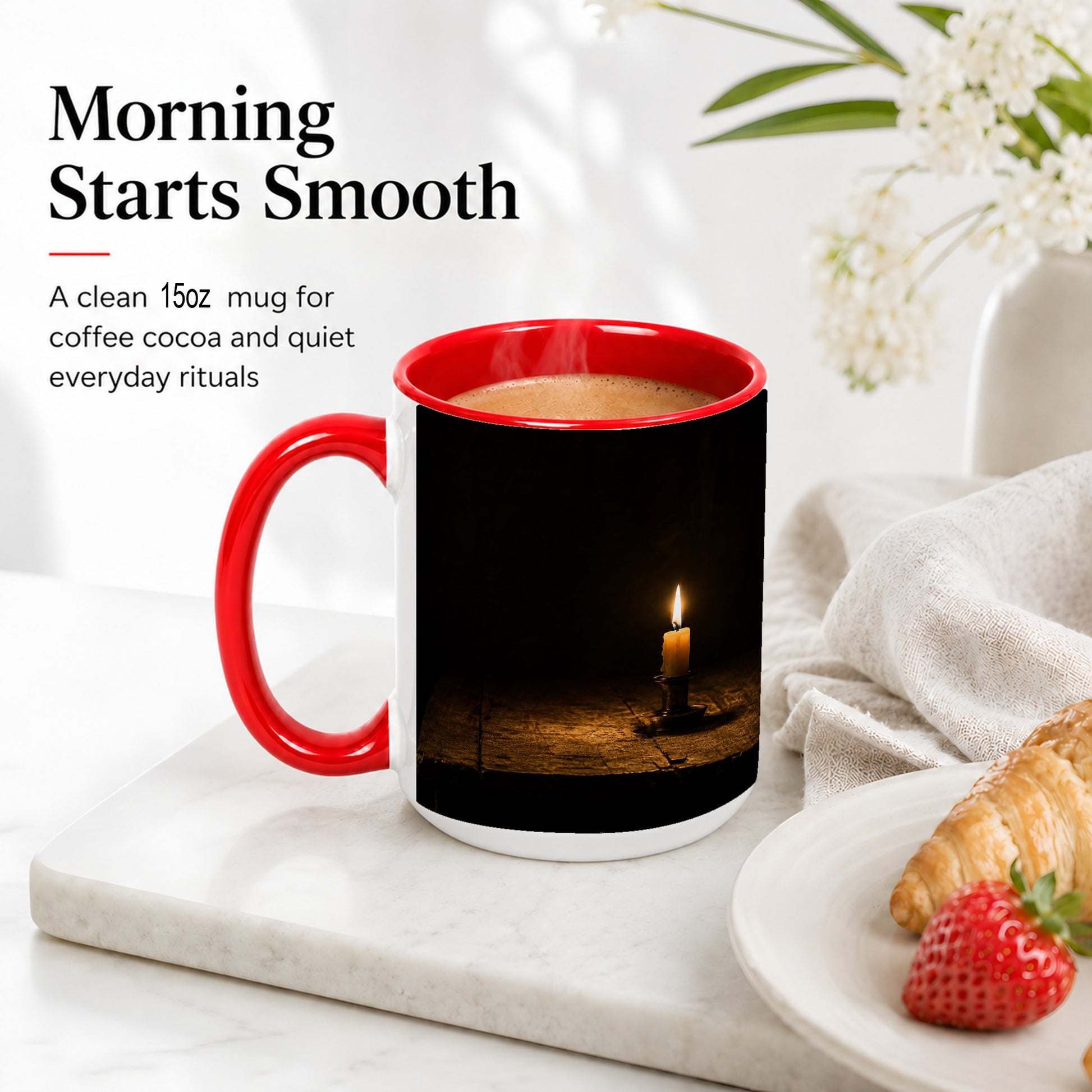 #pl[15oz|Red] Candlelight Ceramic Mug, Dark Cozy Night Still Life Art