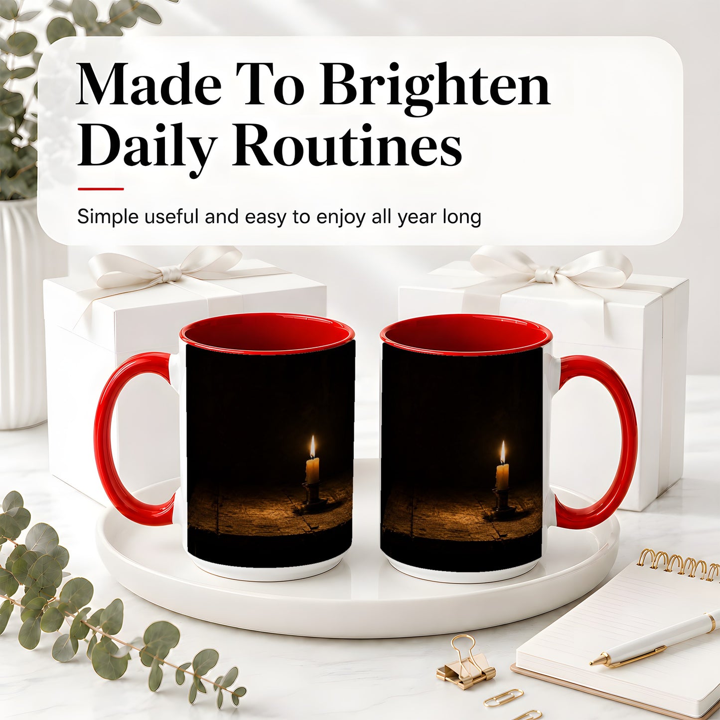 #pl[15oz|Red] Candlelight Ceramic Mug, Dark Cozy Night Still Life Art