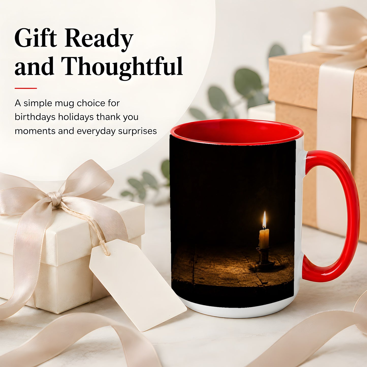 #pl[15oz|Red] Candlelight Ceramic Mug, Dark Cozy Night Still Life Art
