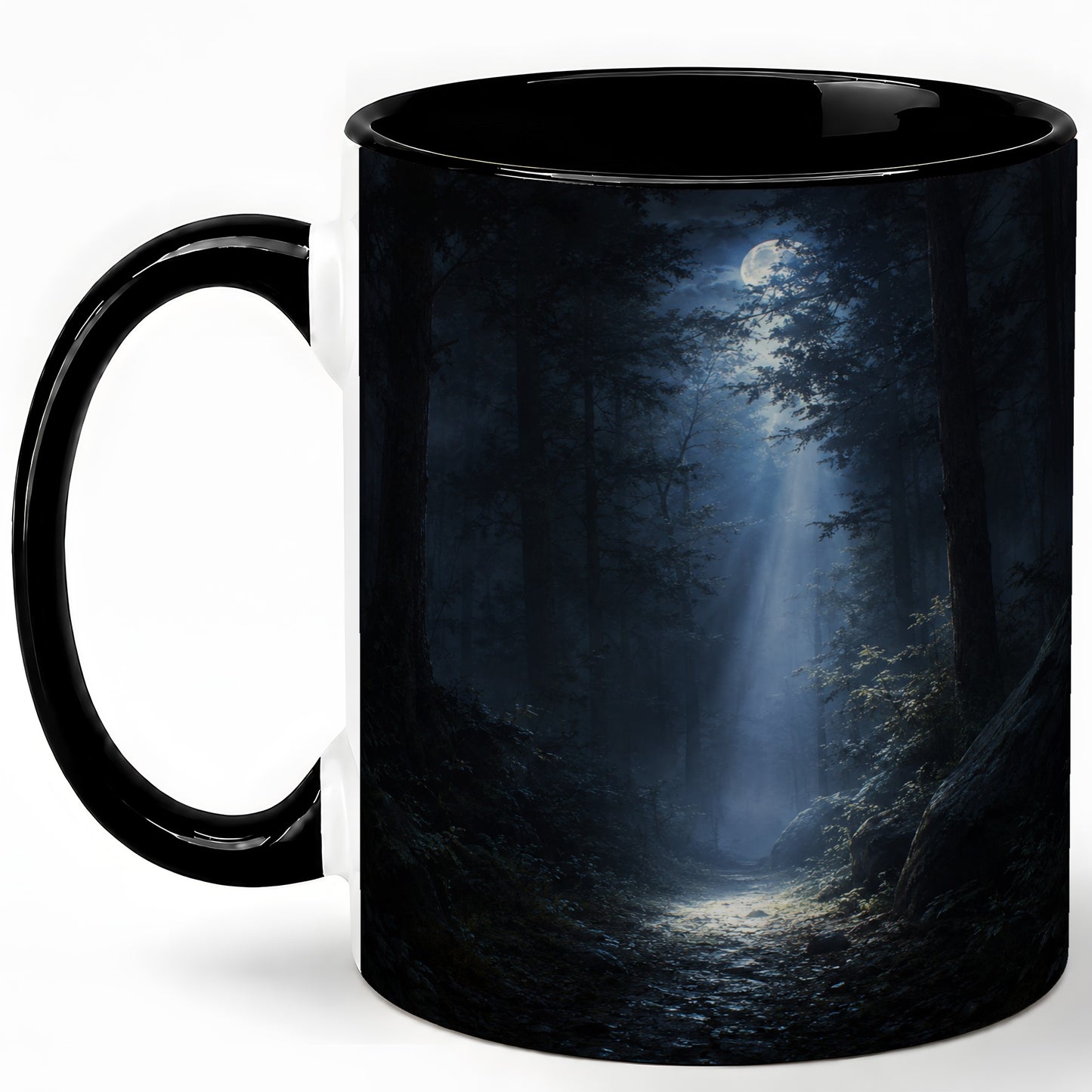 #pl[11oz|Black] Moonlit Forest Ceramic Mug, Woodland Night Path Art