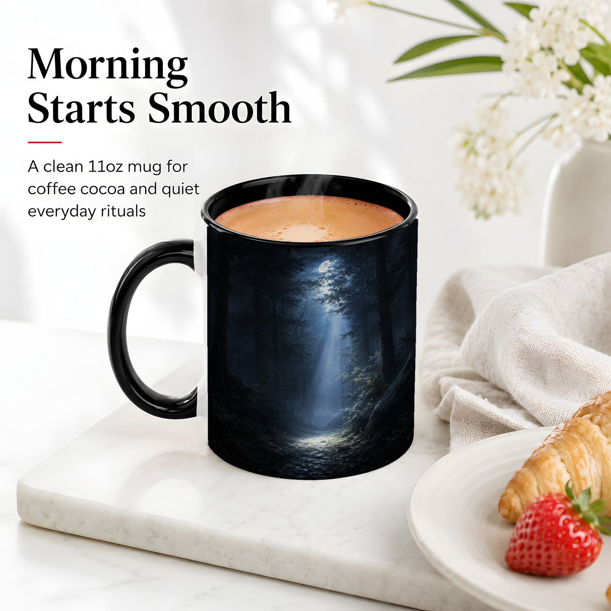 #pl[11oz|Black] Moonlit Forest Ceramic Mug, Woodland Night Path Art