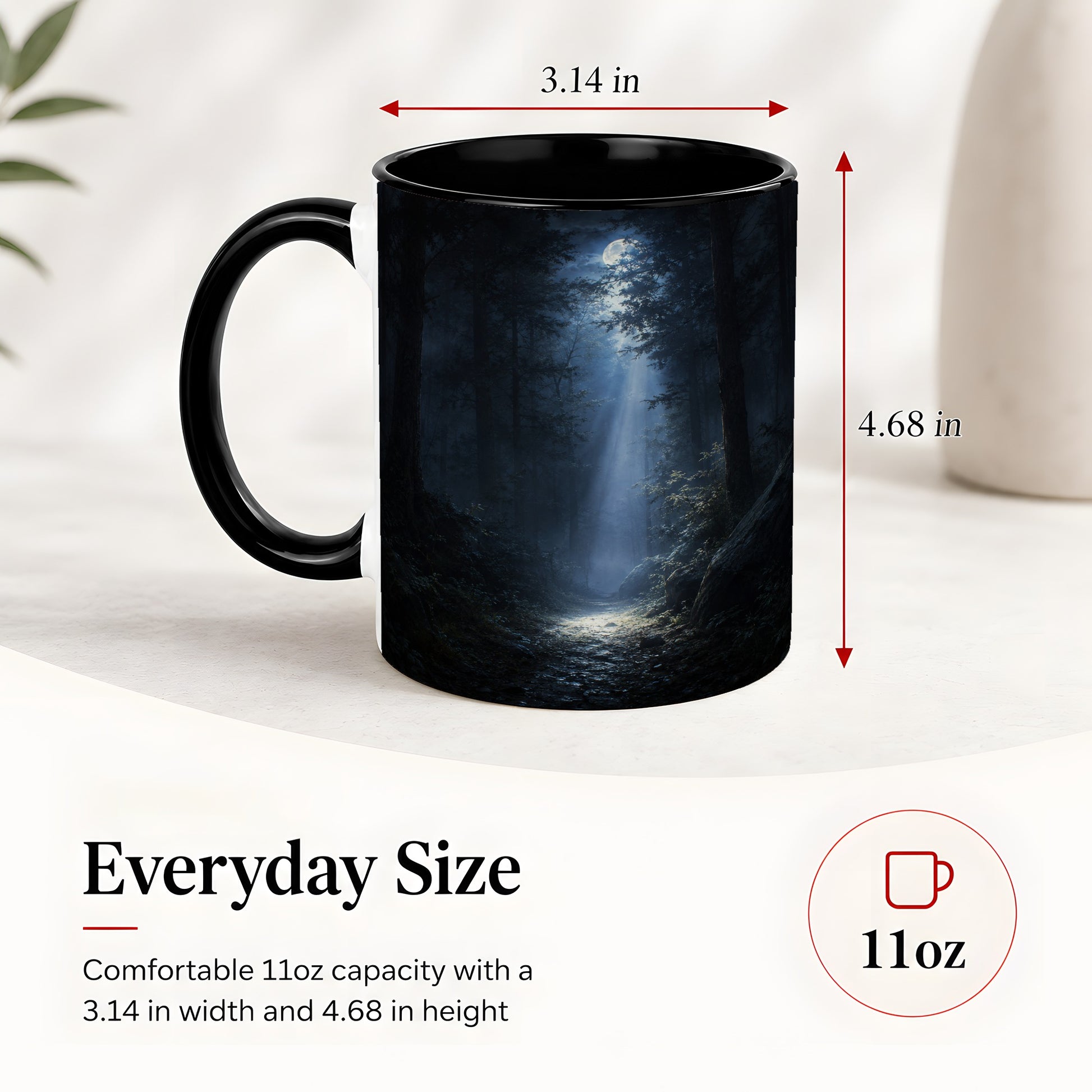 #pl[11oz|Black] Moonlit Forest Ceramic Mug, Woodland Night Path Art
