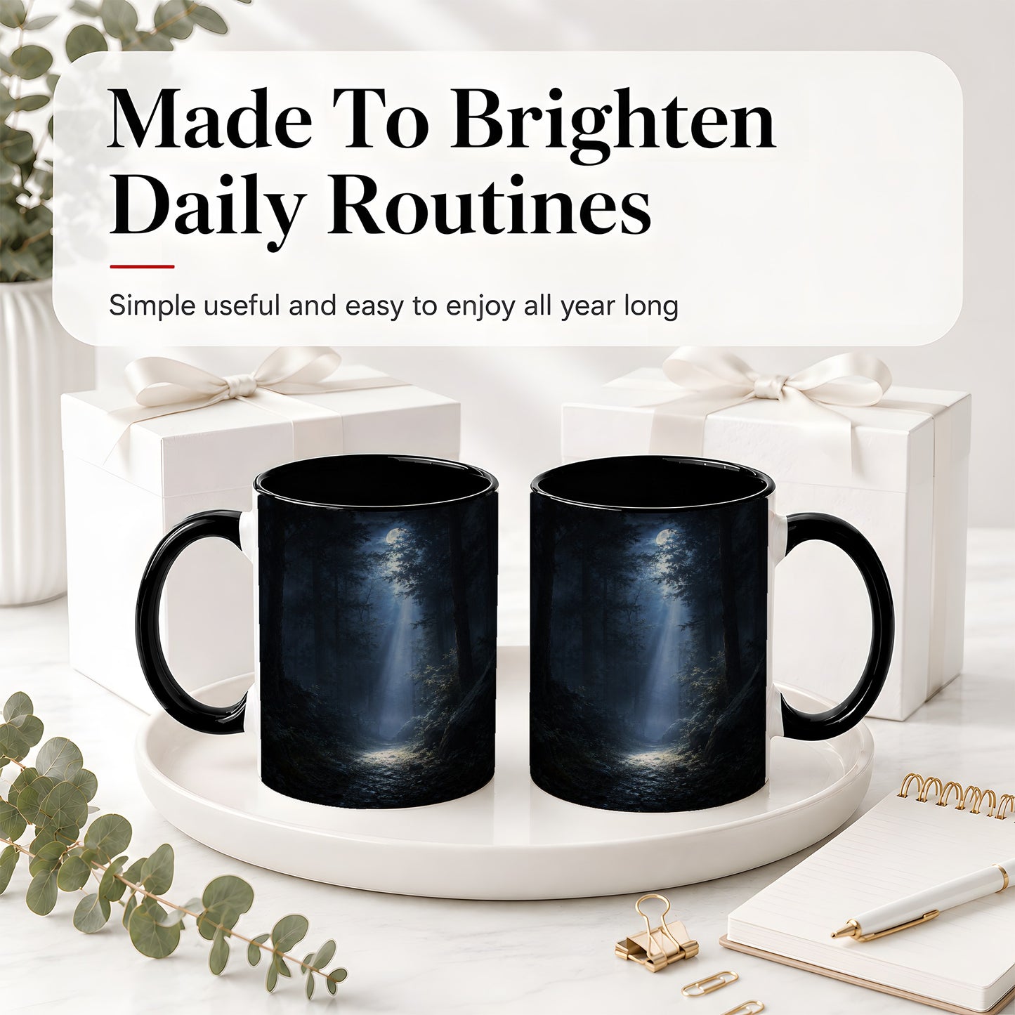 #pl[11oz|Black] Moonlit Forest Ceramic Mug, Woodland Night Path Art