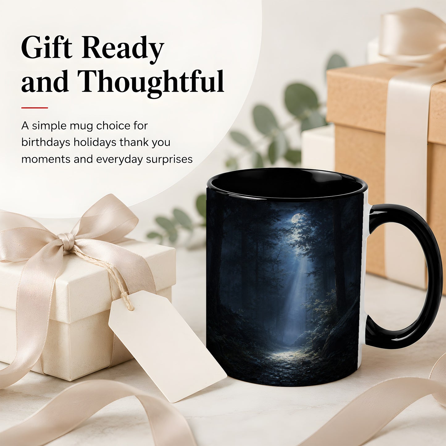 #pl[11oz|Black] Moonlit Forest Ceramic Mug, Woodland Night Path Art