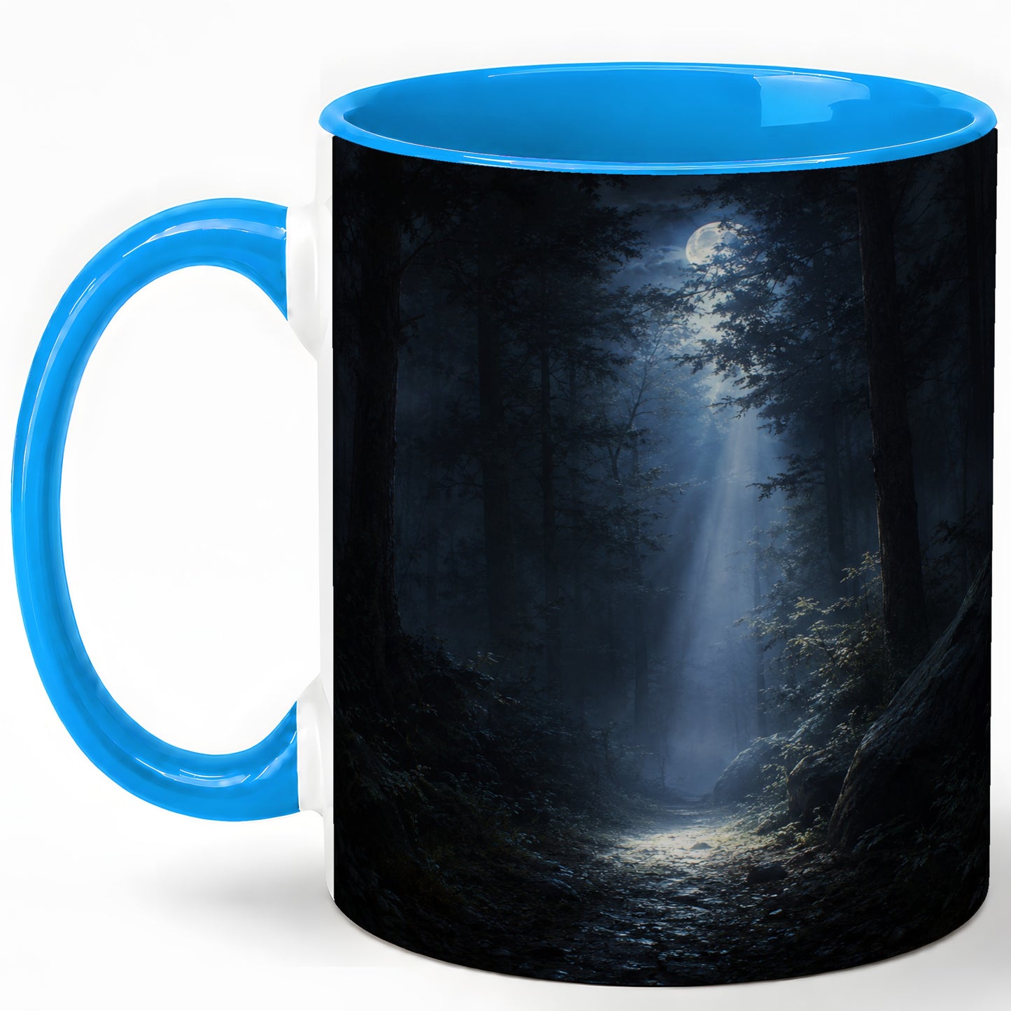 #pl[11oz|Blue] Moonlit Forest Ceramic Mug, Woodland Night Path Art