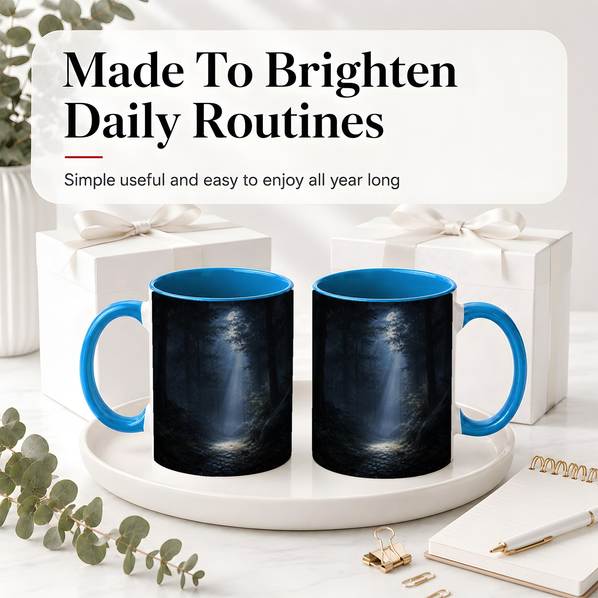 #pl[11oz|Blue] Moonlit Forest Ceramic Mug, Woodland Night Path Art