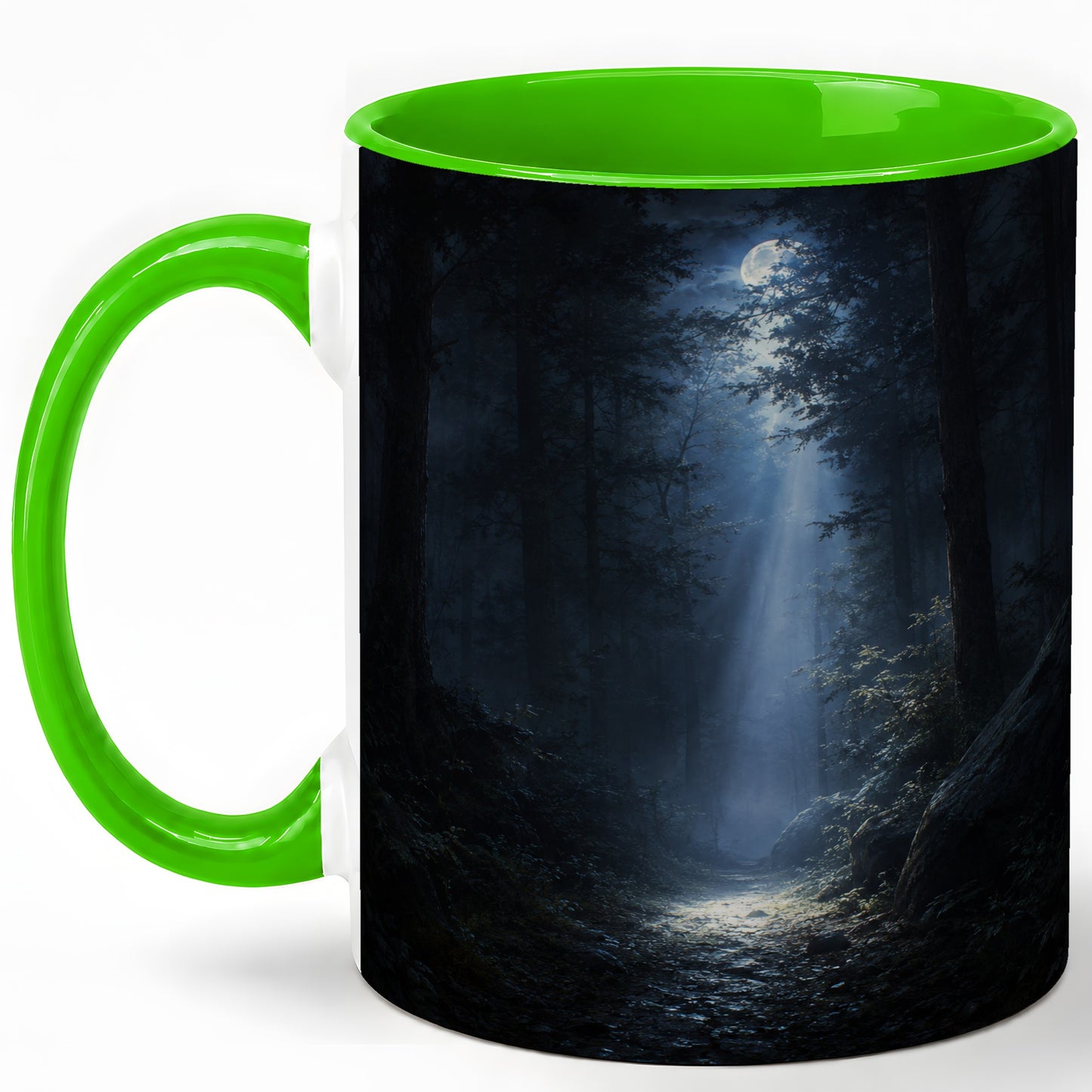 #pl[11oz|Green] Moonlit Forest Ceramic Mug, Woodland Night Path Art
