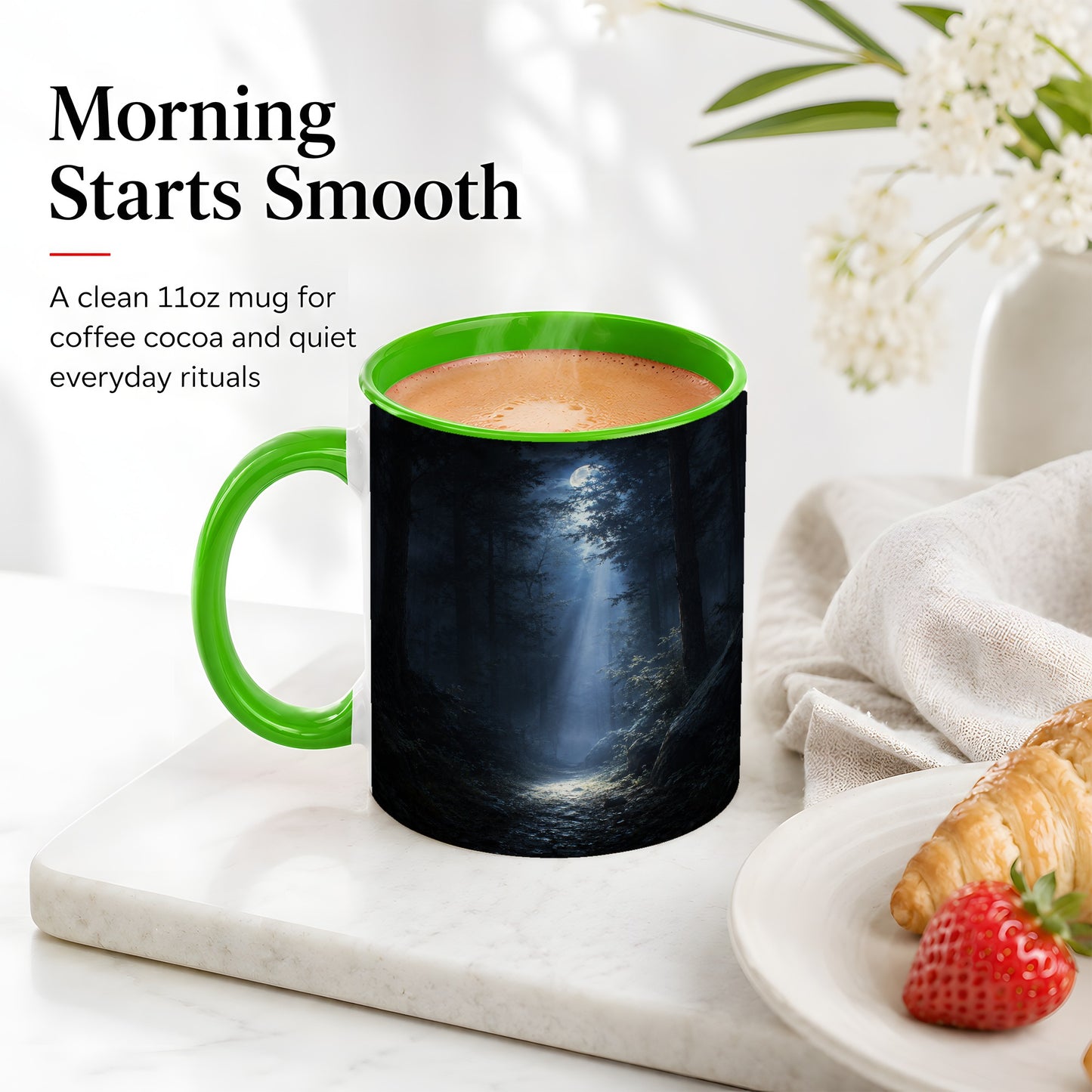 #pl[11oz|Green] Moonlit Forest Ceramic Mug, Woodland Night Path Art