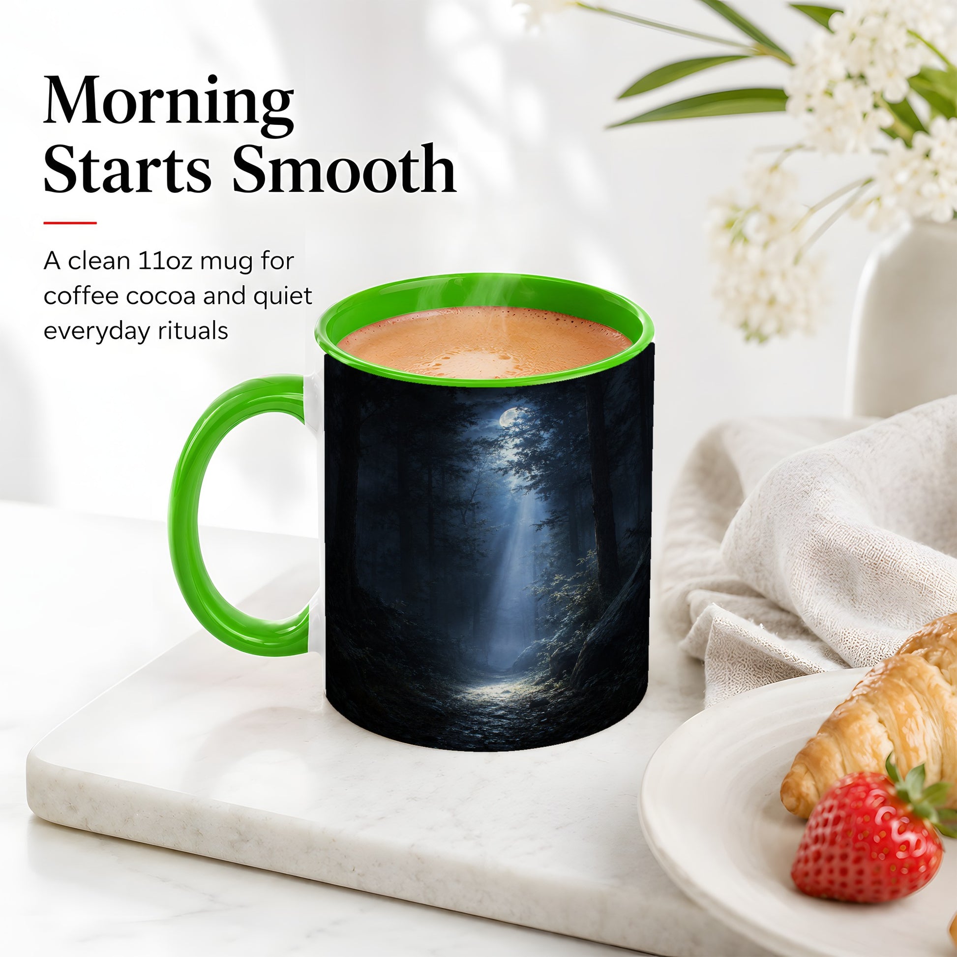 #pl[11oz|Green] Moonlit Forest Ceramic Mug, Woodland Night Path Art