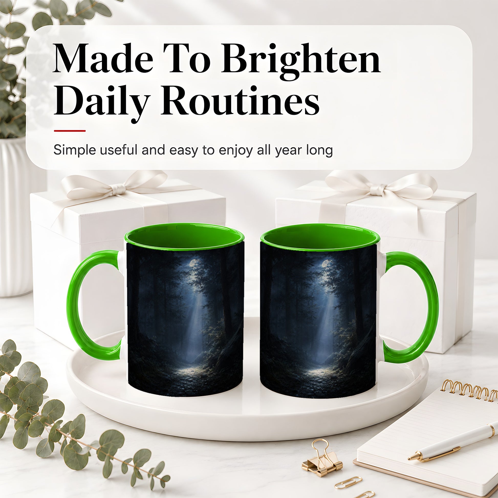 #pl[11oz|Green] Moonlit Forest Ceramic Mug, Woodland Night Path Art