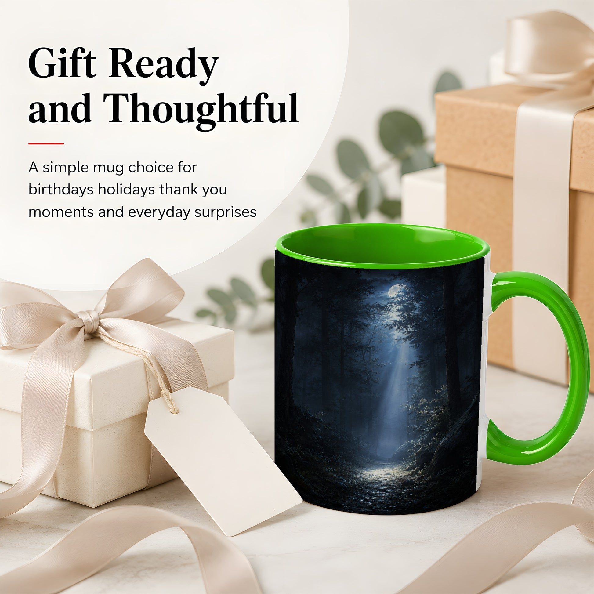 #pl[11oz|Green] Moonlit Forest Ceramic Mug, Woodland Night Path Art