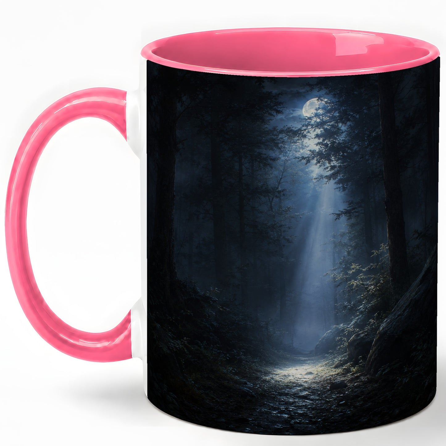 #pl[11oz|Pink] Moonlit Forest Ceramic Mug, Woodland Night Path Art