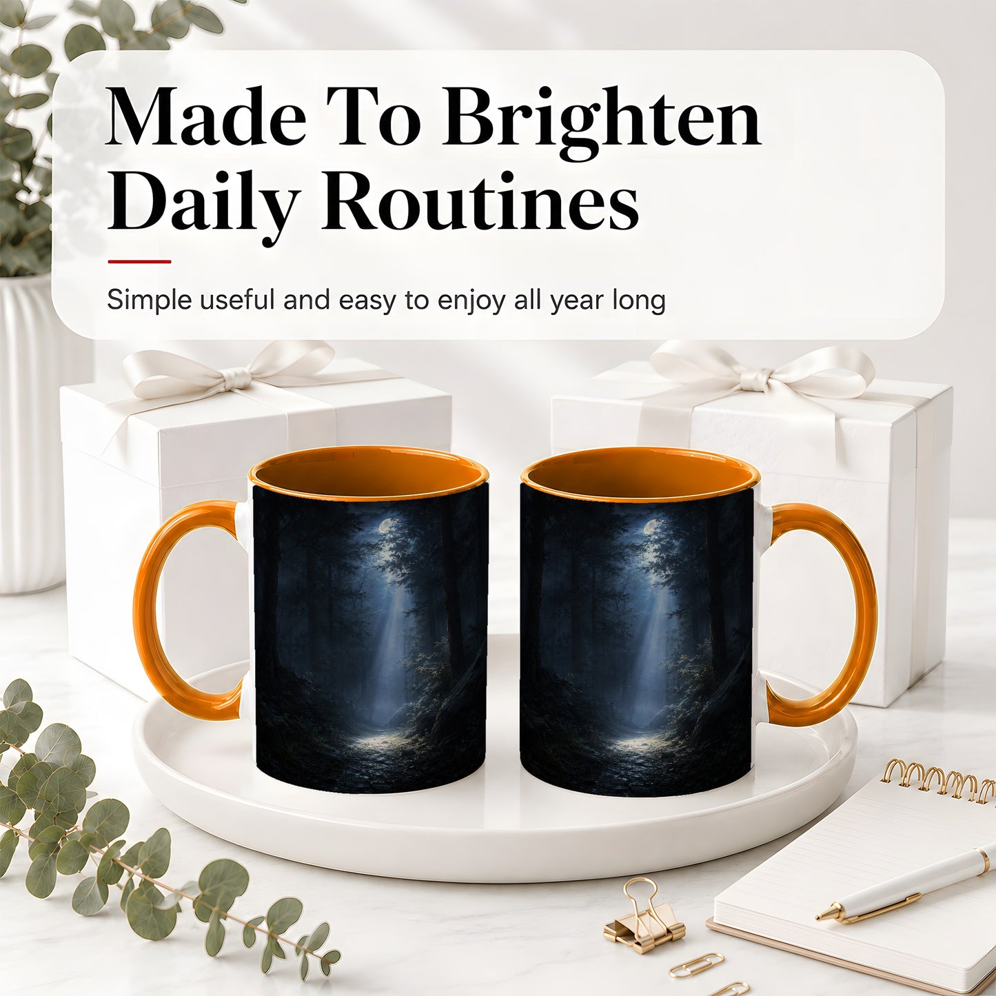 #pl[11oz|Orange] Moonlit Forest Ceramic Mug, Woodland Night Path Art