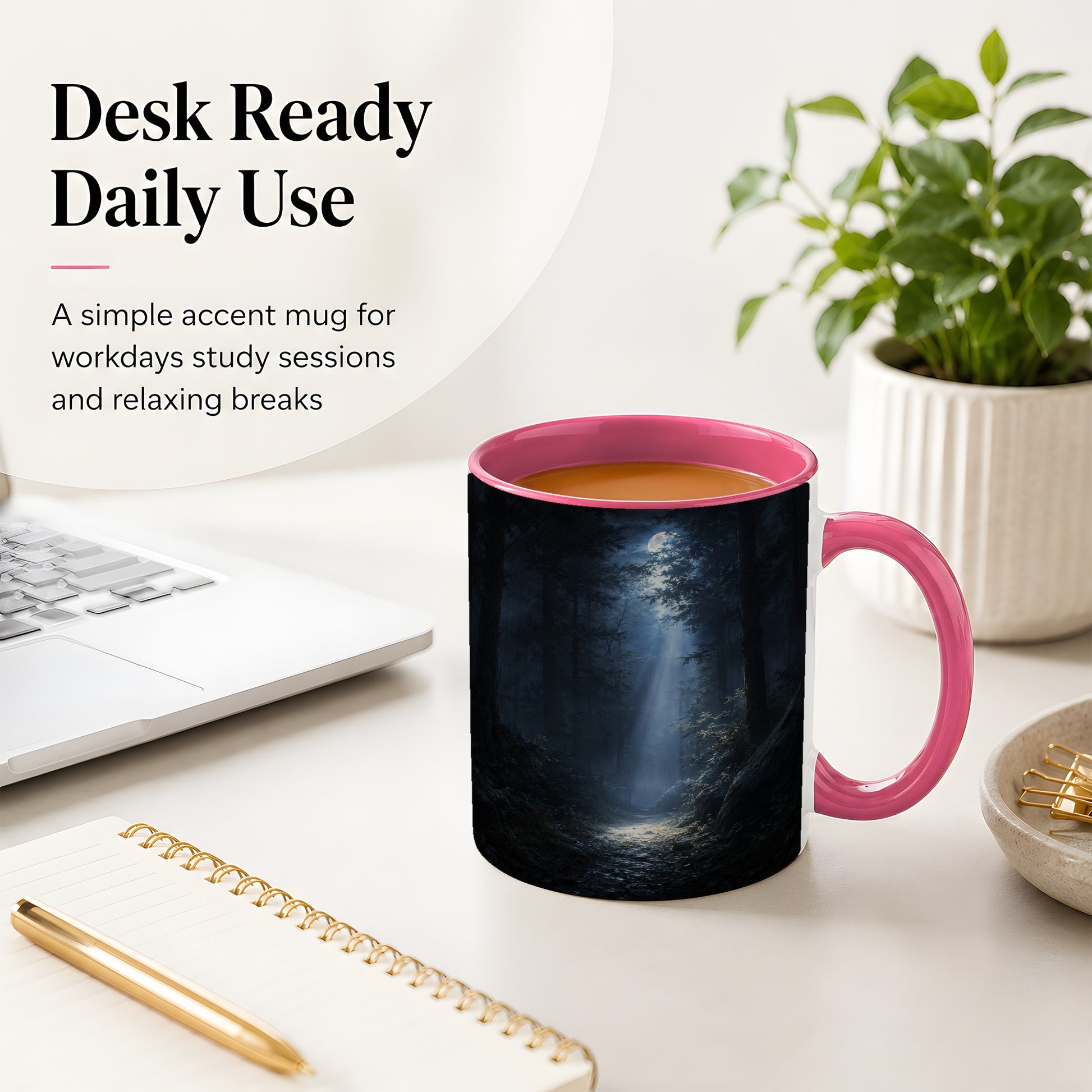 #pl[11oz|Pink] Moonlit Forest Ceramic Mug, Woodland Night Path Art