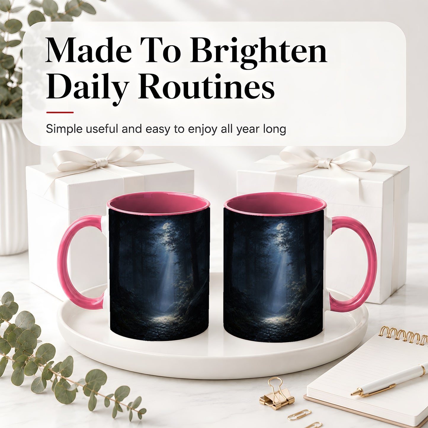 #pl[11oz|Pink] Moonlit Forest Ceramic Mug, Woodland Night Path Art
