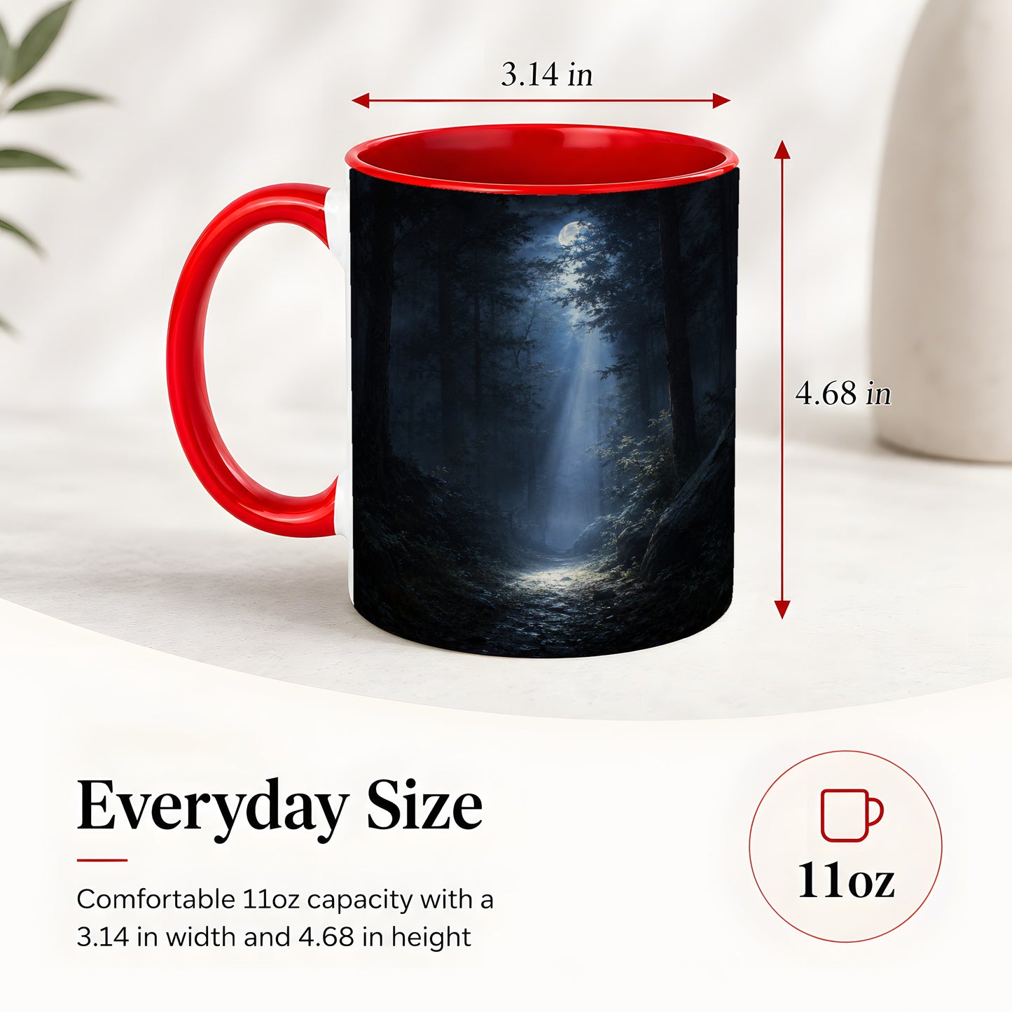 #pl[11oz|Red] Moonlit Forest Ceramic Mug, Woodland Night Path Art