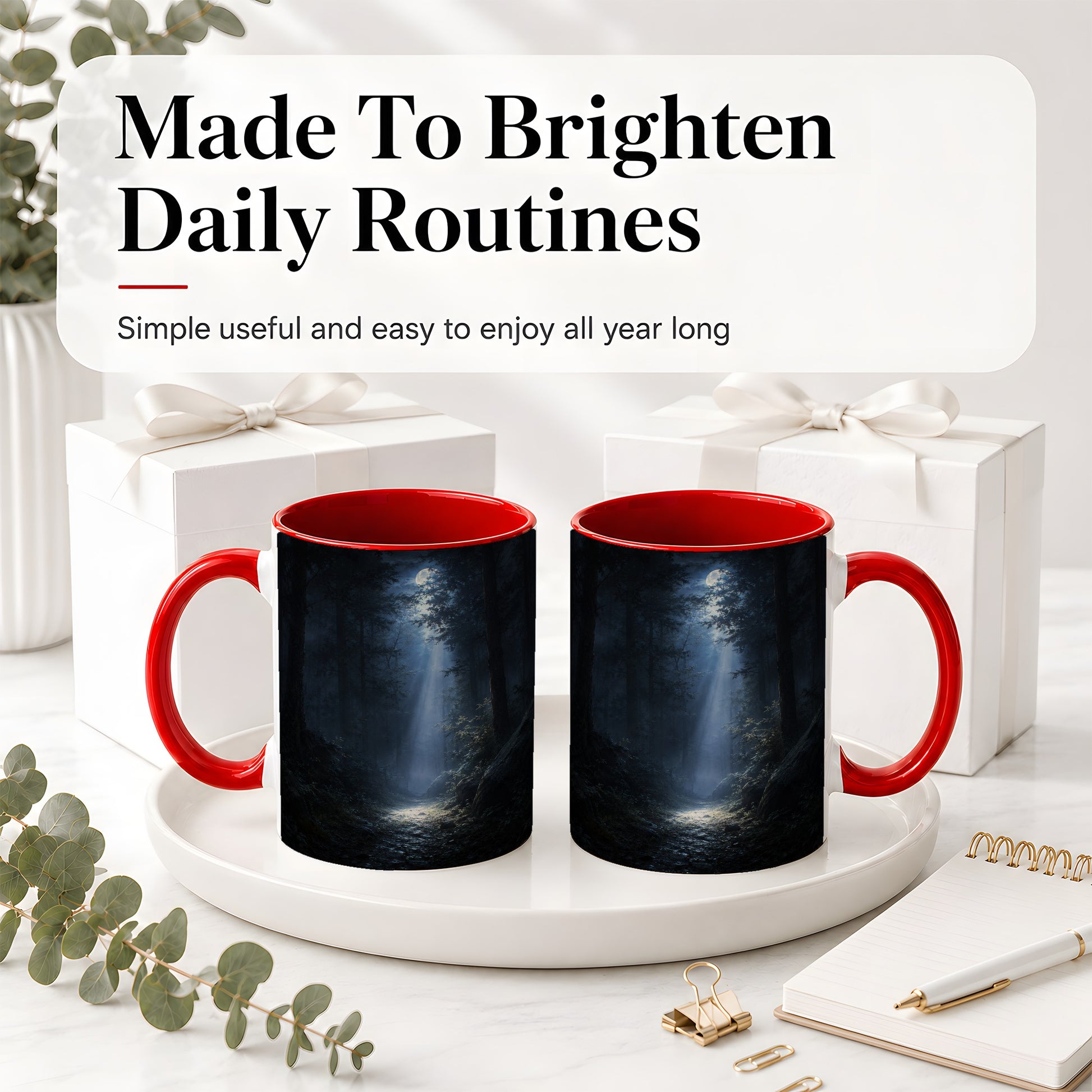 #pl[11oz|Red] Moonlit Forest Ceramic Mug, Woodland Night Path Art