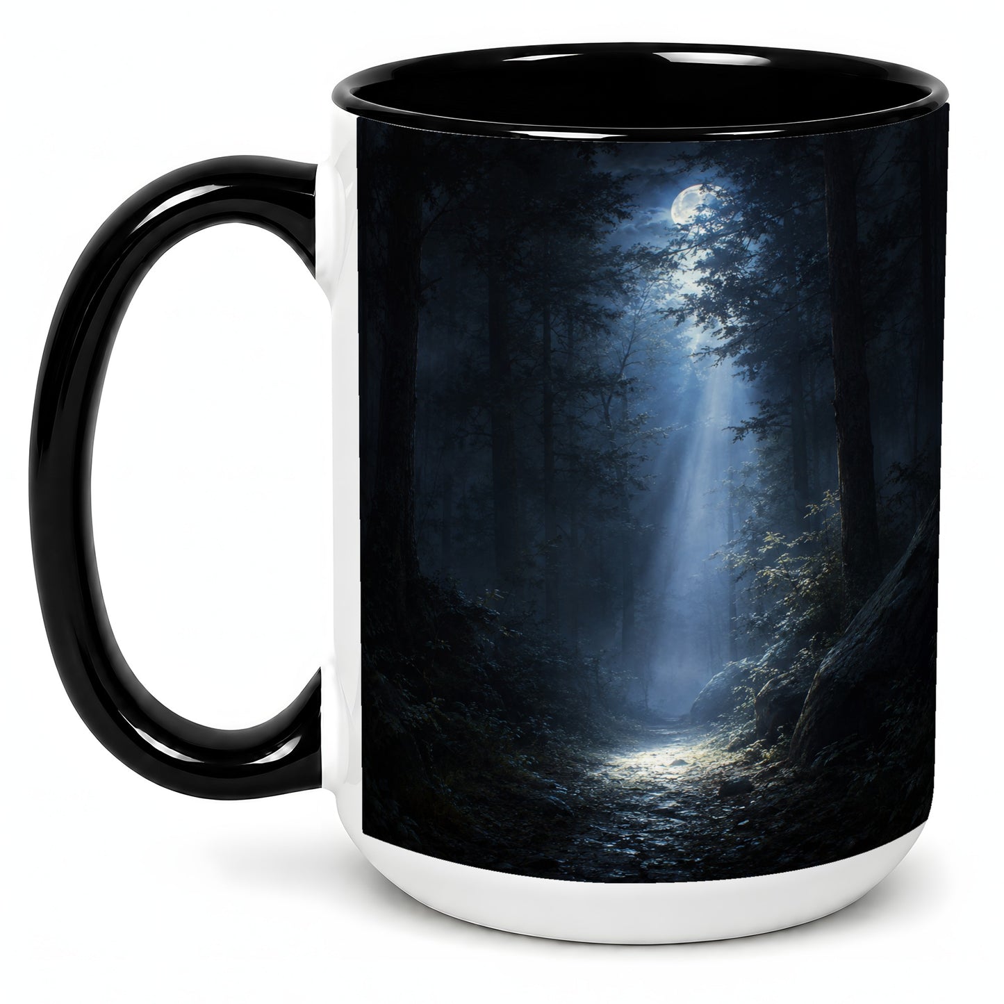 #pl[15oz|Black] Moonlit Forest Ceramic Mug, Woodland Night Path Art