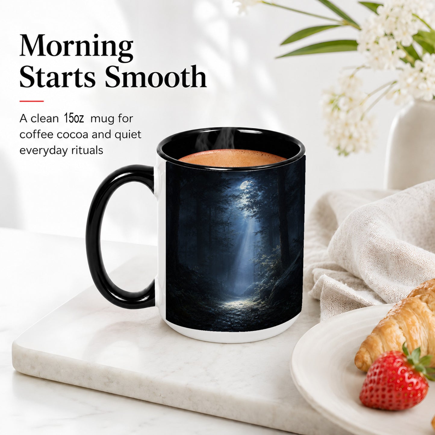 #pl[15oz|Black] Moonlit Forest Ceramic Mug, Woodland Night Path Art