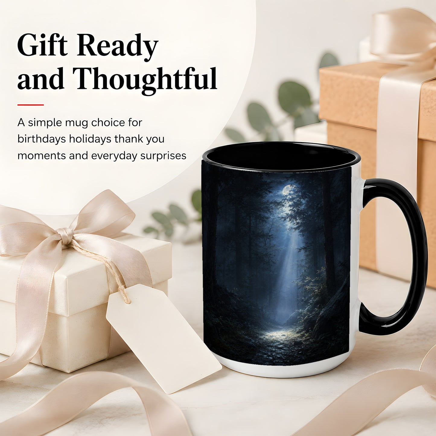 #pl[15oz|Black] Moonlit Forest Ceramic Mug, Woodland Night Path Art