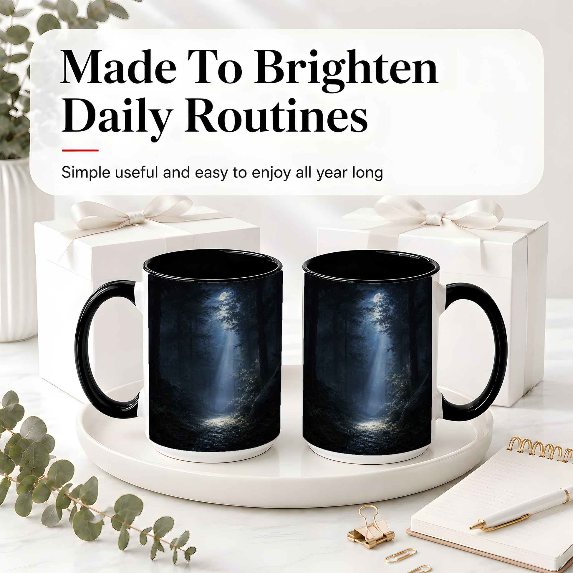 #pl[15oz|Black] Moonlit Forest Ceramic Mug, Woodland Night Path Art