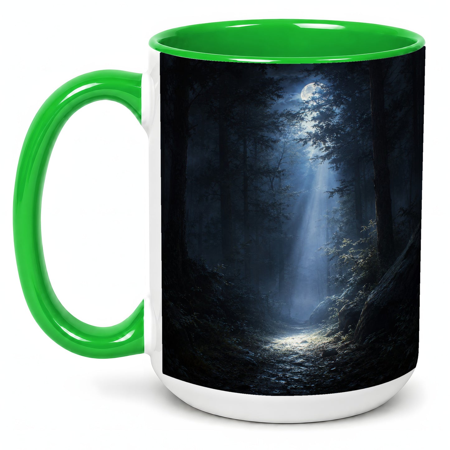 #pl[15oz|Green] Moonlit Forest Ceramic Mug, Woodland Night Path Art