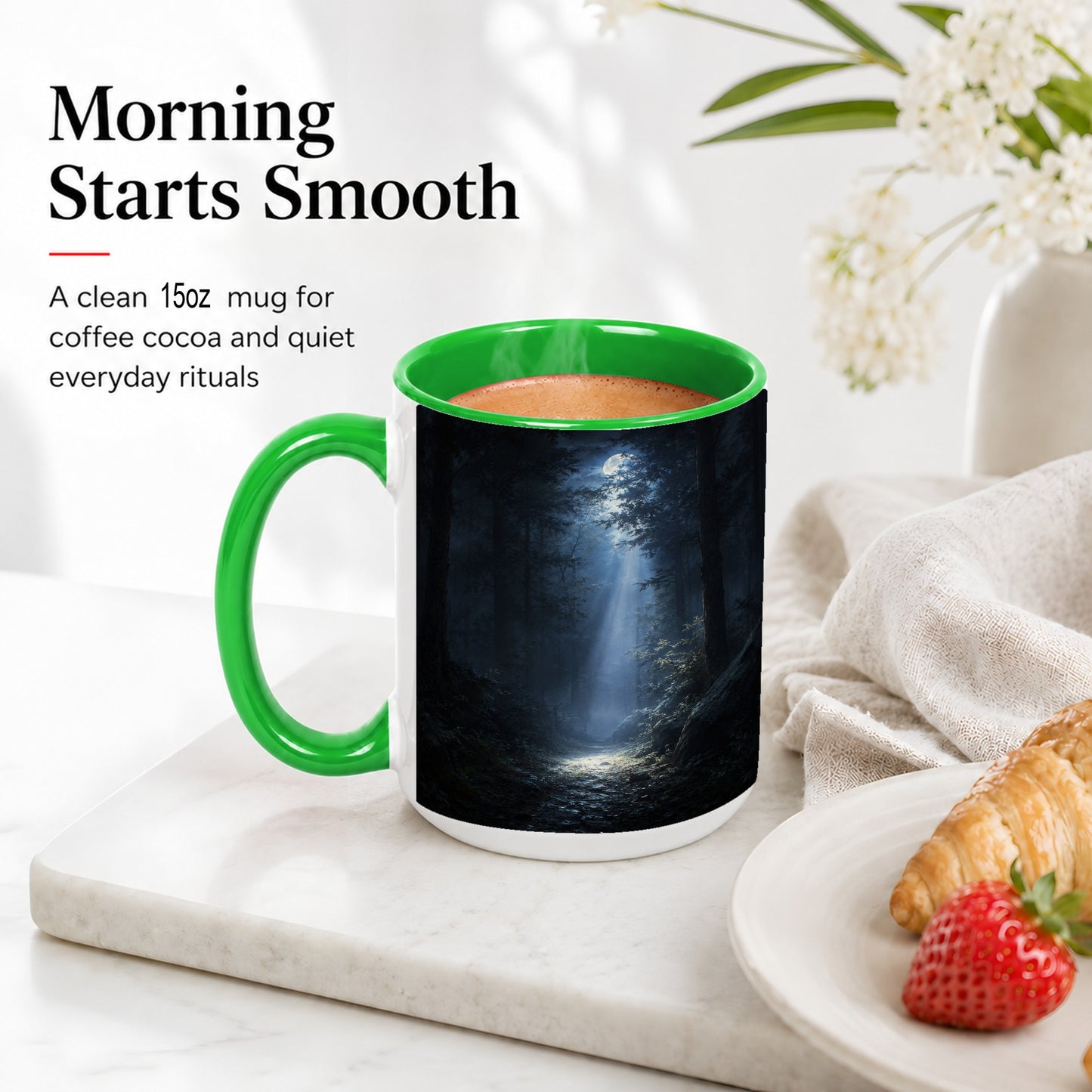 #pl[15oz|Green] Moonlit Forest Ceramic Mug, Woodland Night Path Art