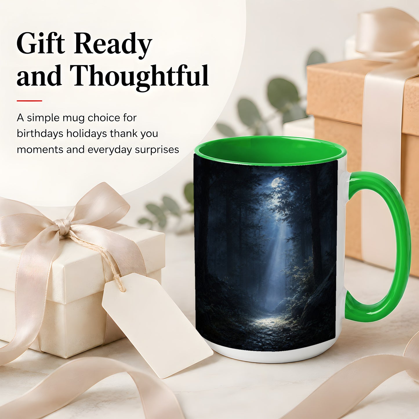 #pl[15oz|Green] Moonlit Forest Ceramic Mug, Woodland Night Path Art