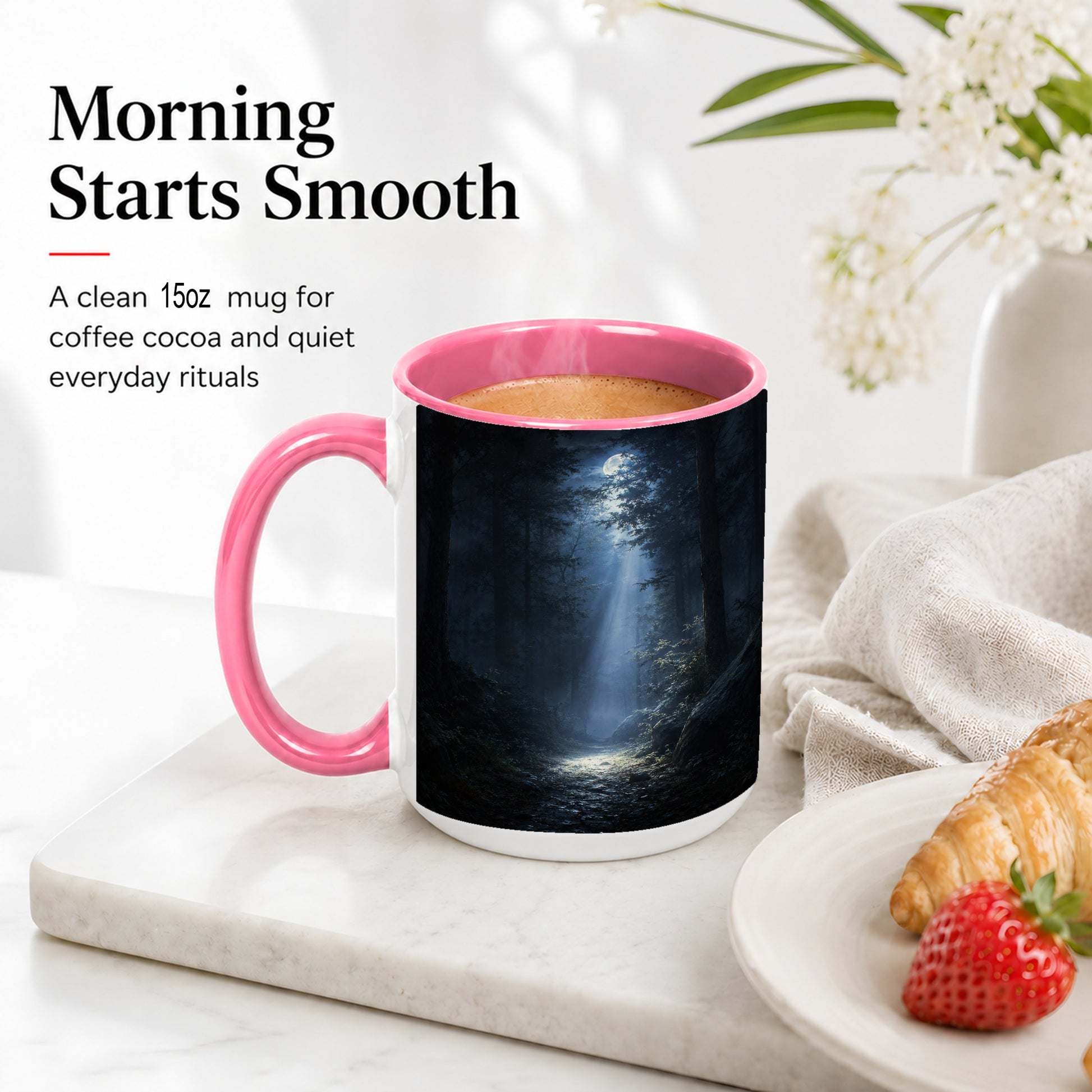 #pl[15oz|Pink] Moonlit Forest Ceramic Mug, Woodland Night Path Art