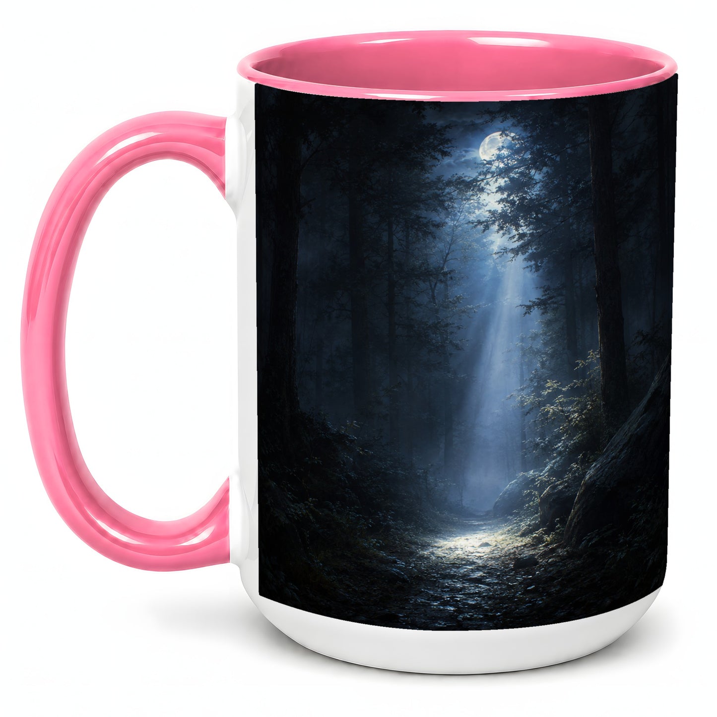 #pl[15oz|Pink] Moonlit Forest Ceramic Mug, Woodland Night Path Art