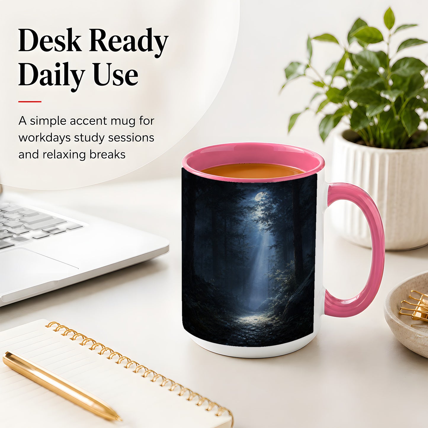 #pl[15oz|Pink] Moonlit Forest Ceramic Mug, Woodland Night Path Art