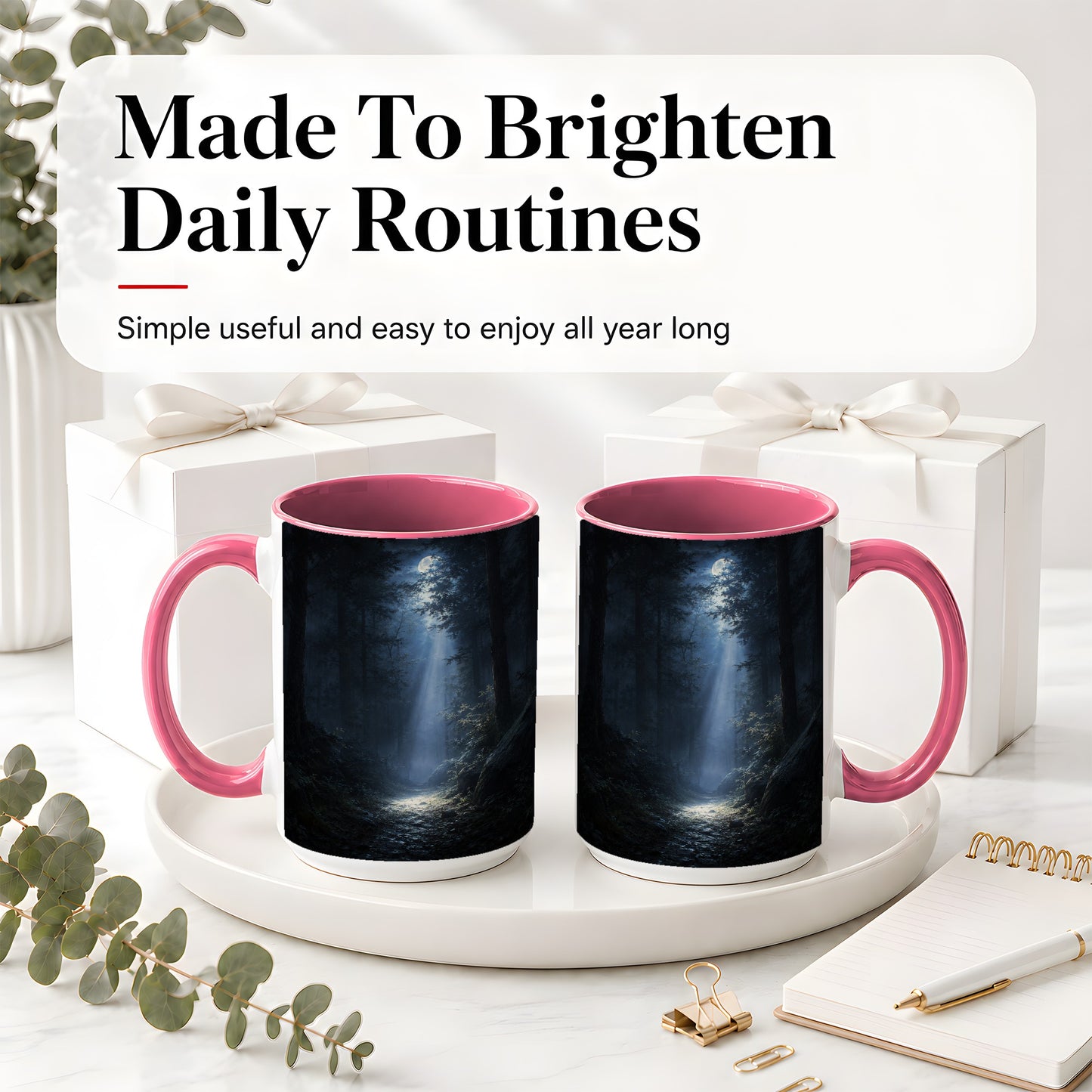 #pl[15oz|Pink] Moonlit Forest Ceramic Mug, Woodland Night Path Art
