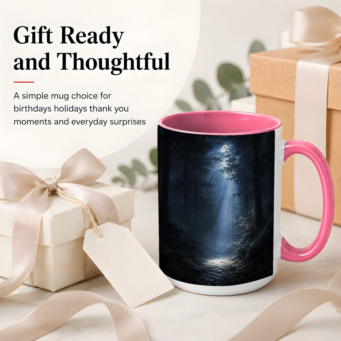 #pl[15oz|Pink] Moonlit Forest Ceramic Mug, Woodland Night Path Art