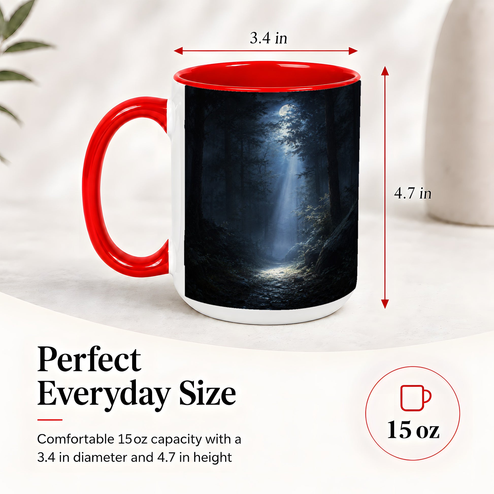 #pl[15oz|Red] Moonlit Forest Ceramic Mug, Woodland Night Path Art