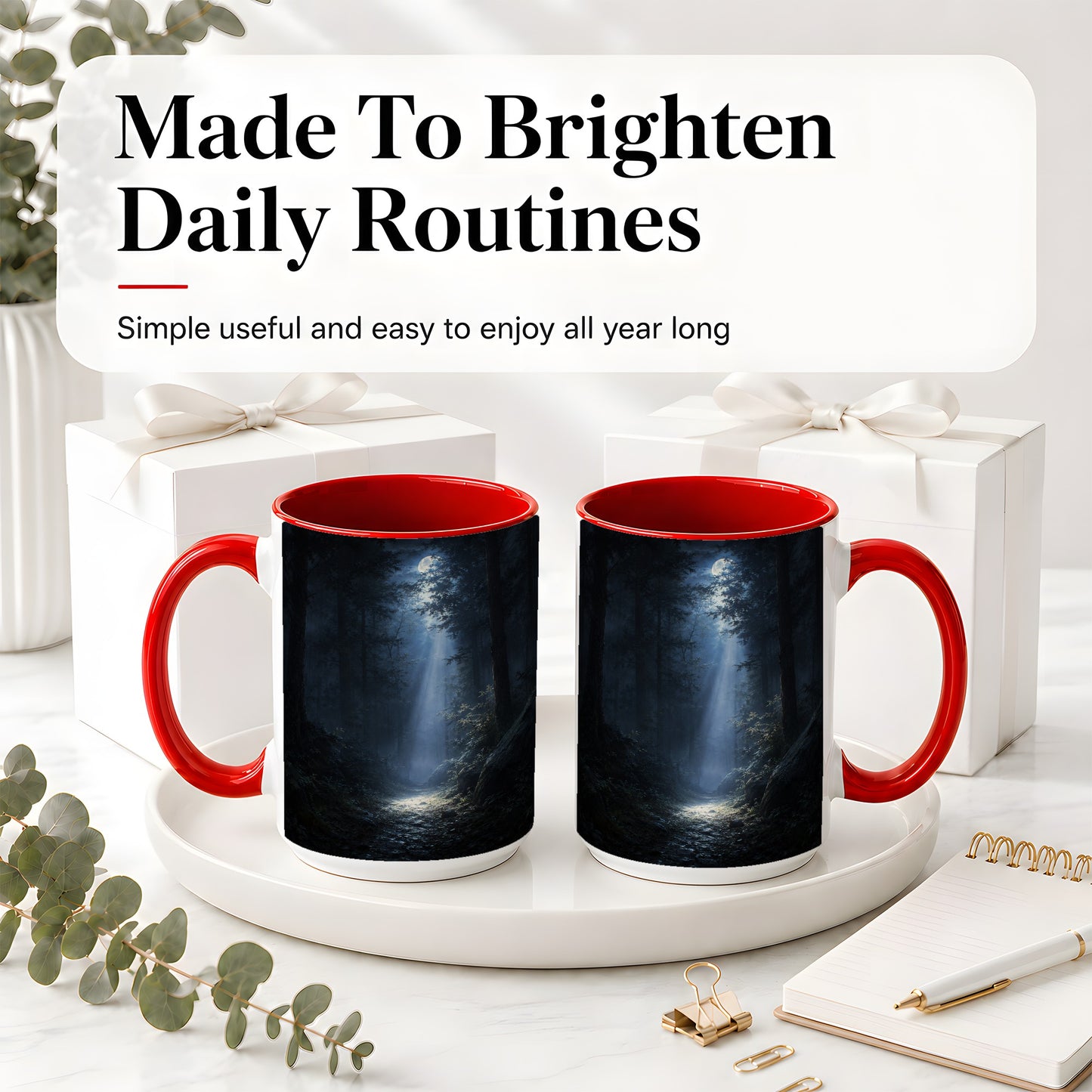 #pl[15oz|Red] Moonlit Forest Ceramic Mug, Woodland Night Path Art